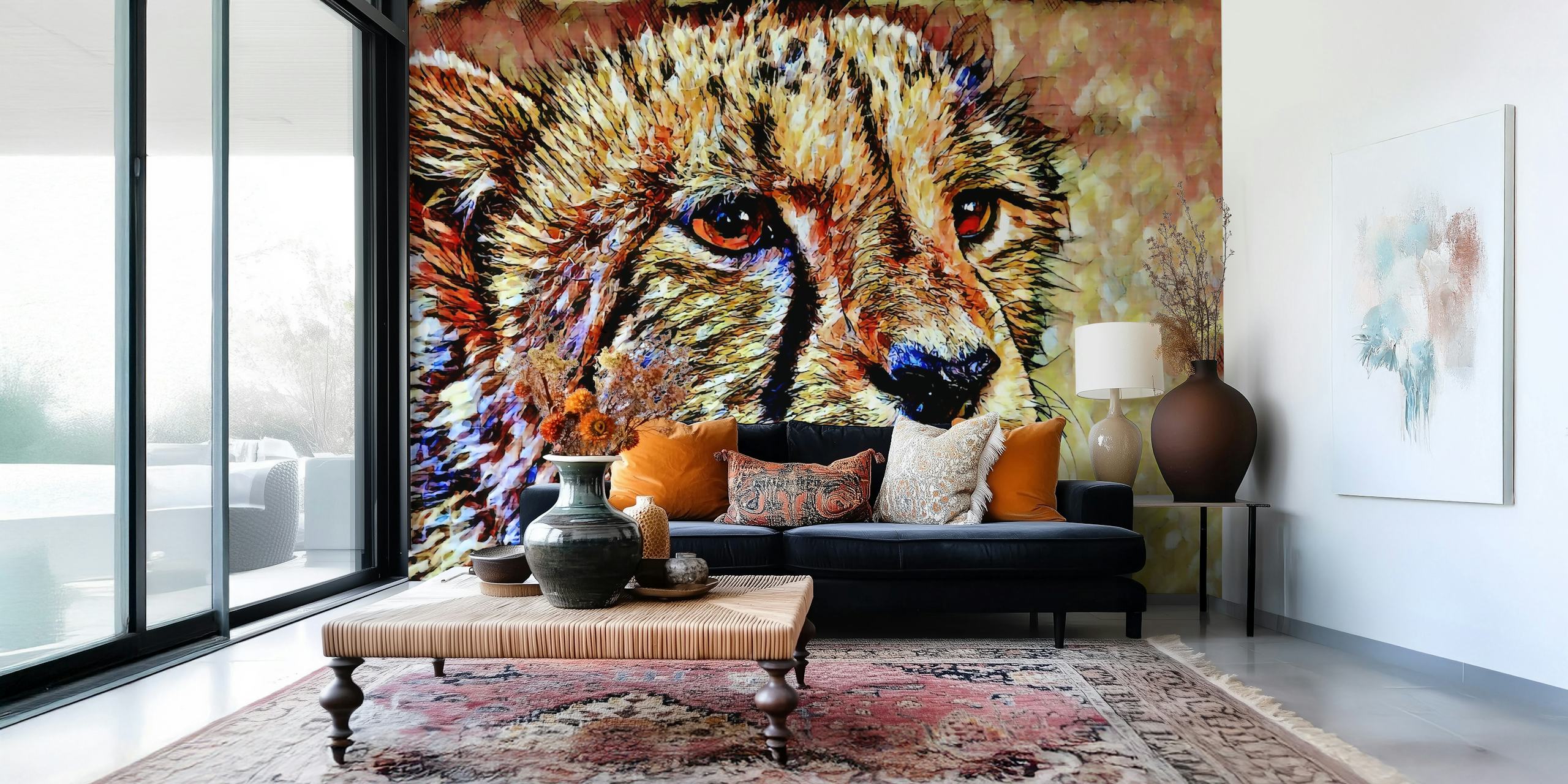 Artistic cheetah wall mural with colorful, textured brush strokes