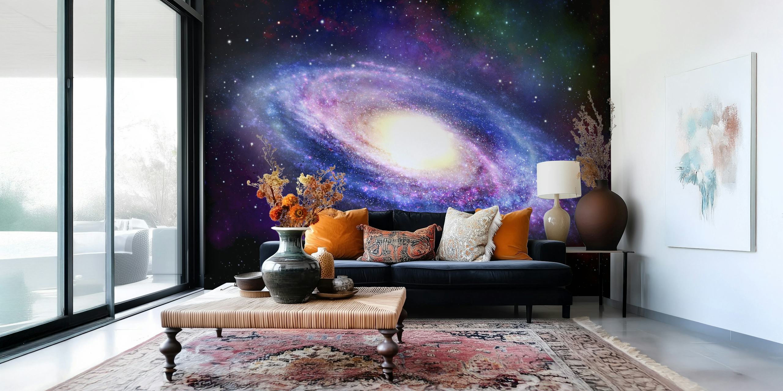 Galaxy with bright yellow core, deep blues and purples, cosmic wallpaper