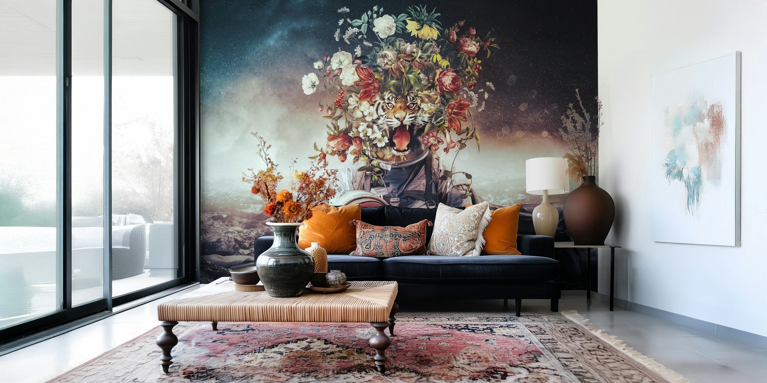 Katze in Astronautenkostüm mit Blumen