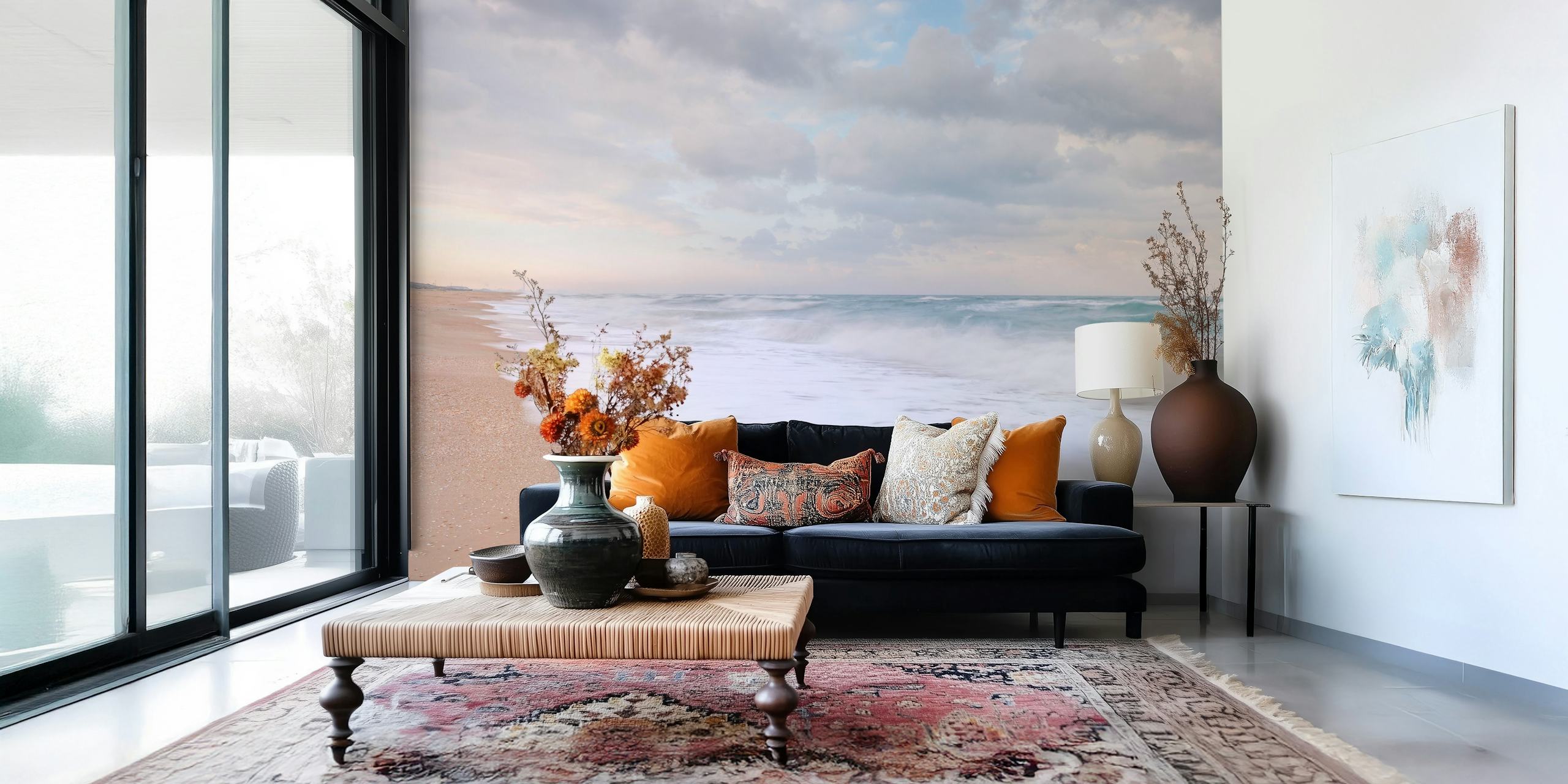 Soothing beach wall mural with gentle waves and soft sands