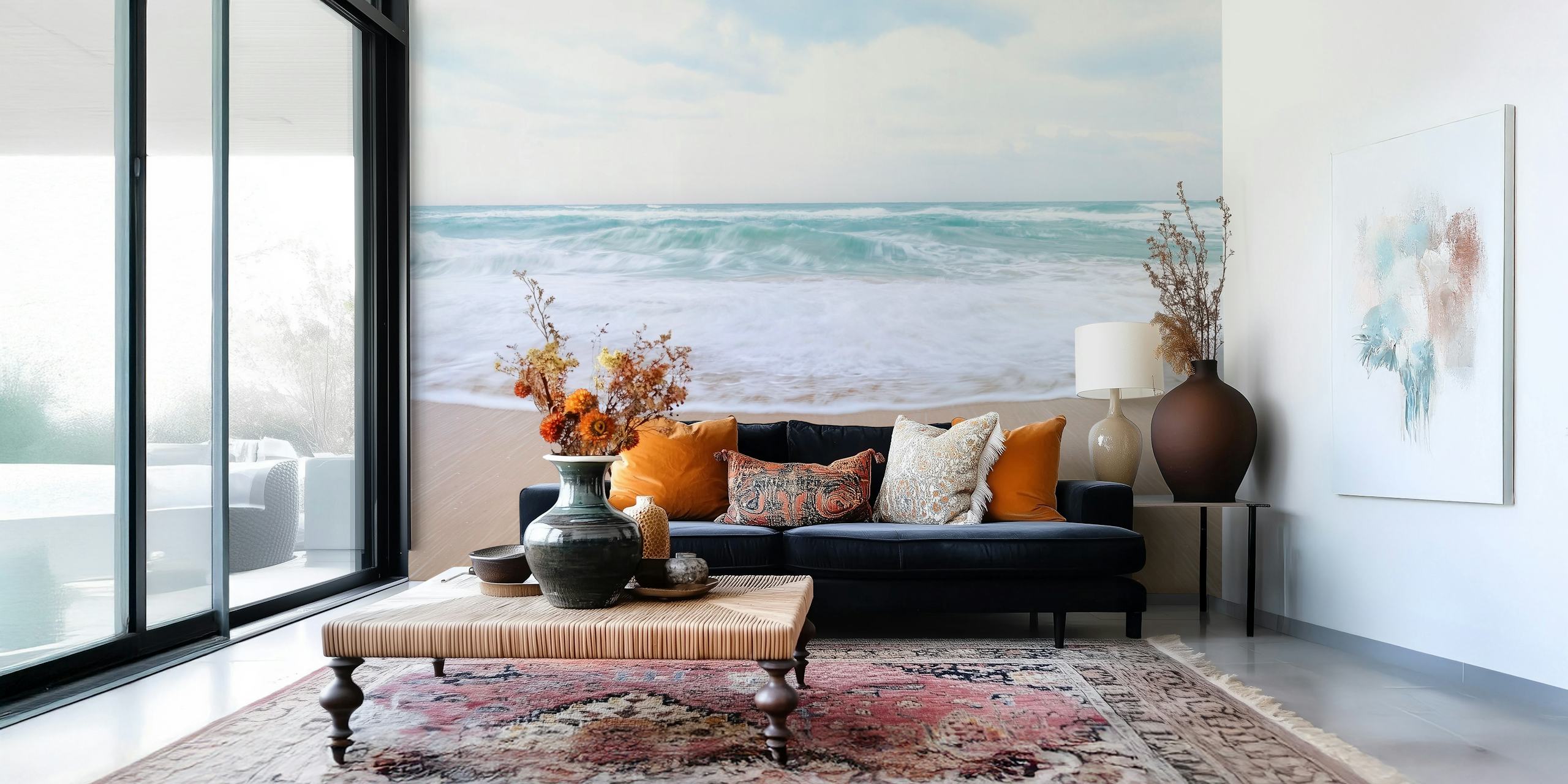 Serene calm beach scene with soft blue ocean waves and sandy shore wallpaper
