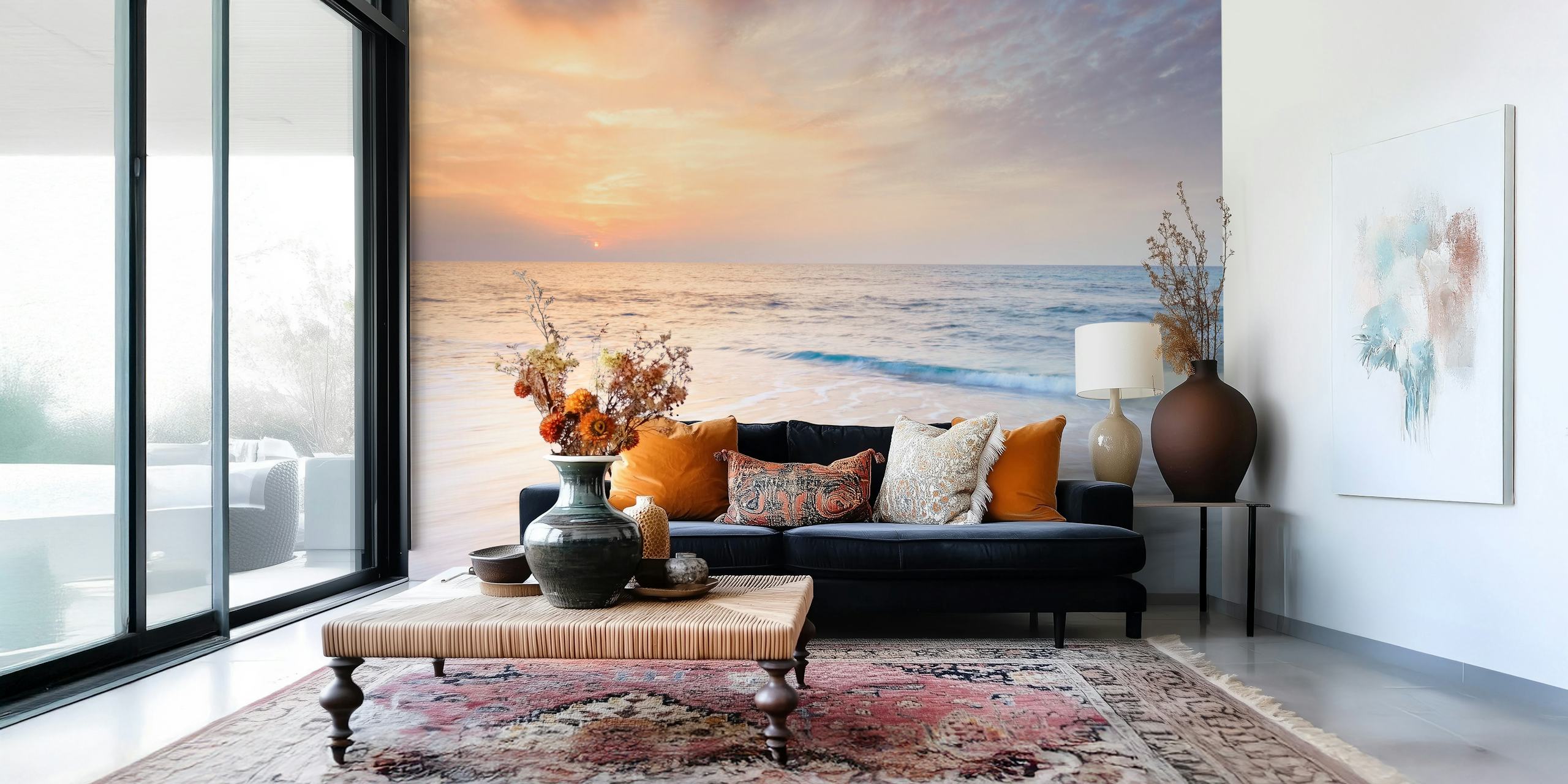 Seascape with sunset hues of orange and blue, peaceful beach wallpaper