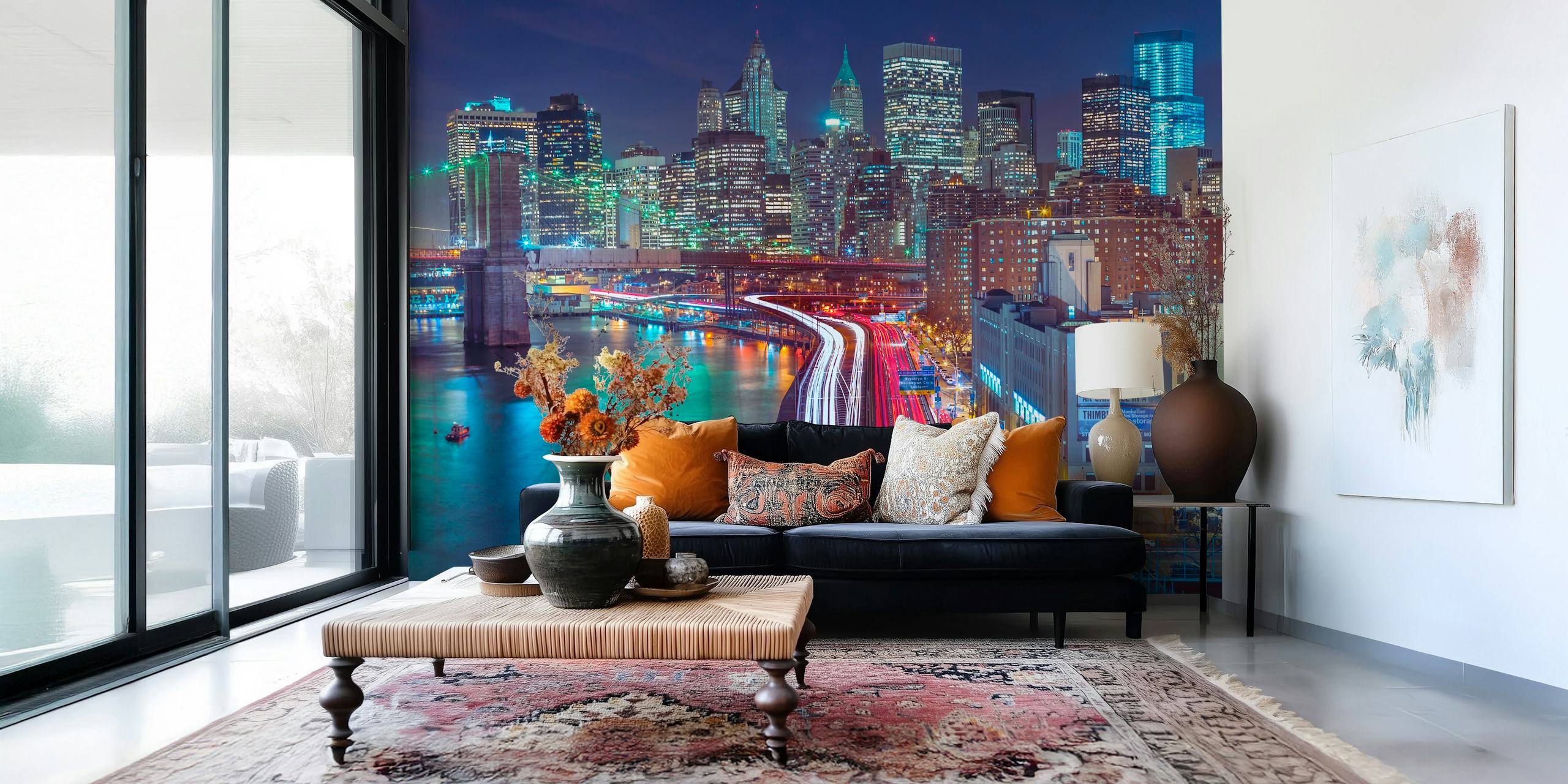 Nighttime view of Manhattan's illuminated skyline and busy streets wall mural.