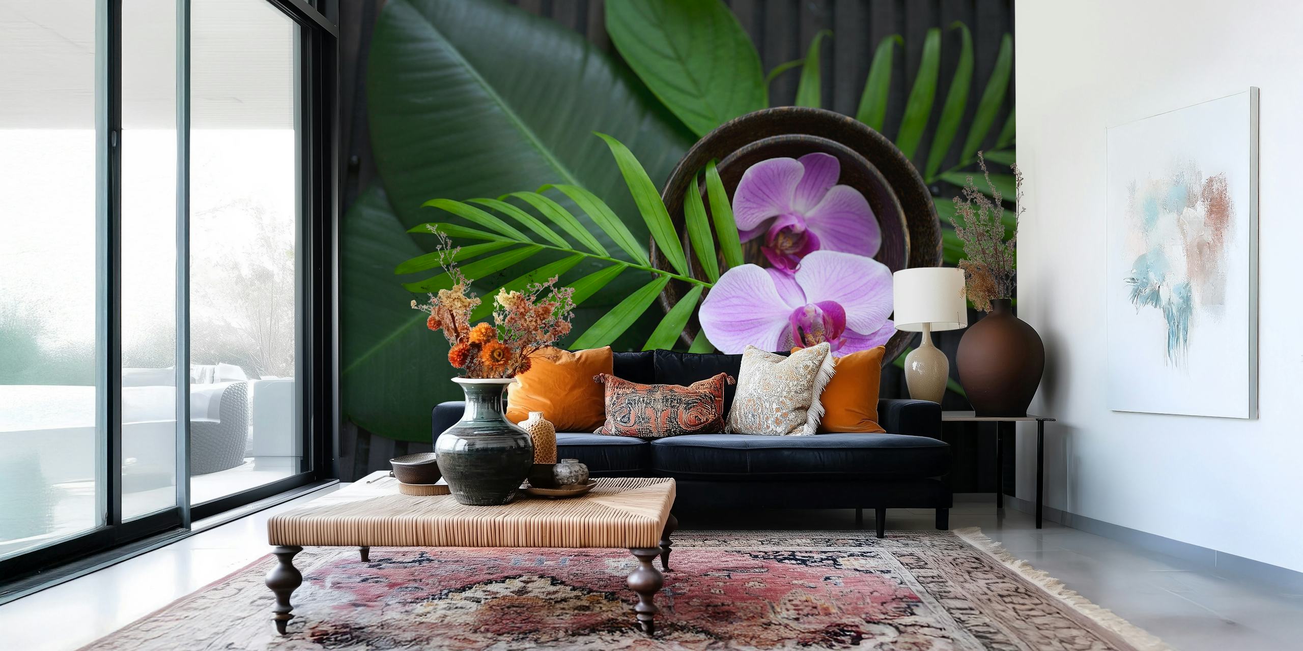 Orchid blooms in a bowl with palm leaves wall mural