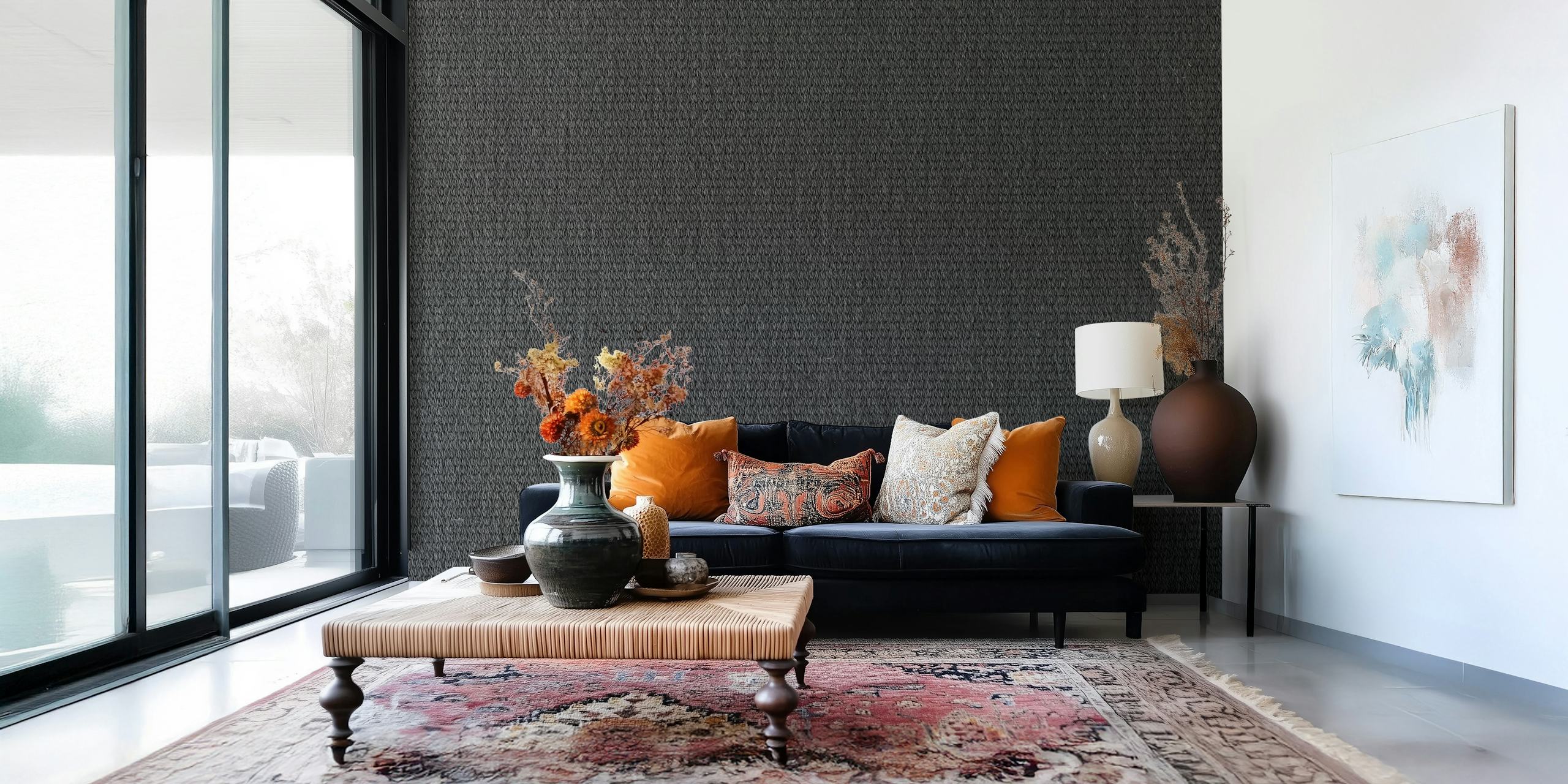 Black textured fabric wall mural with a woven pattern