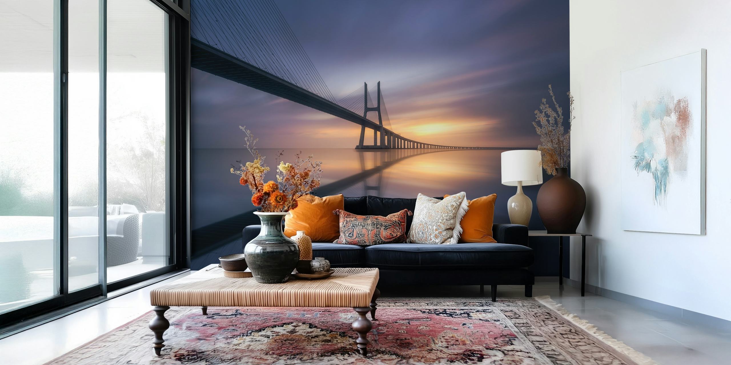 Ματ με θέμα Sunrise Bridge που απεικονίζει τη σιλούετα μιας γέφυρας κατά της αυγής πάνω από ήρεμα νερά.