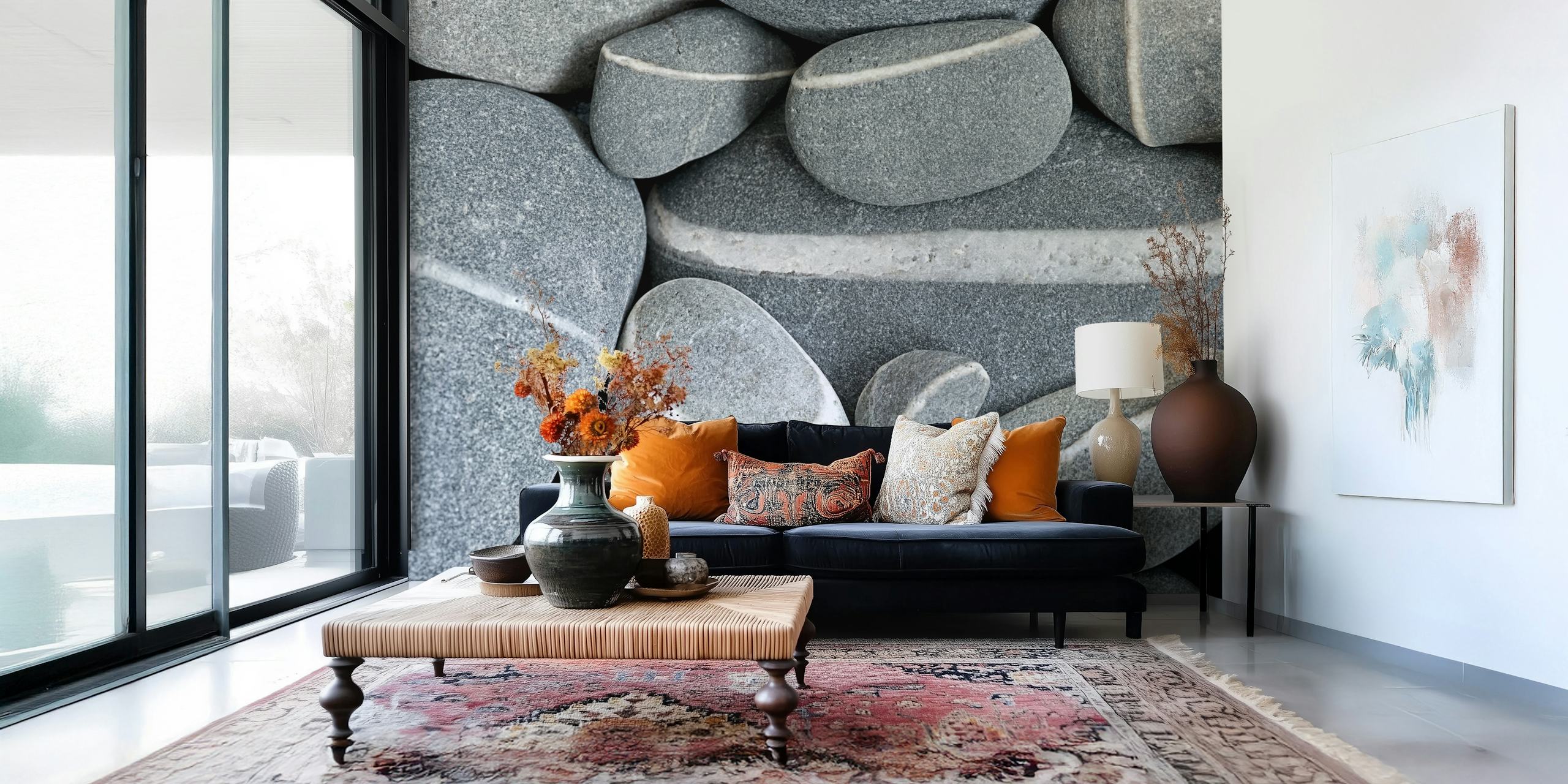 Grey pebble wallpaper with striped patterns