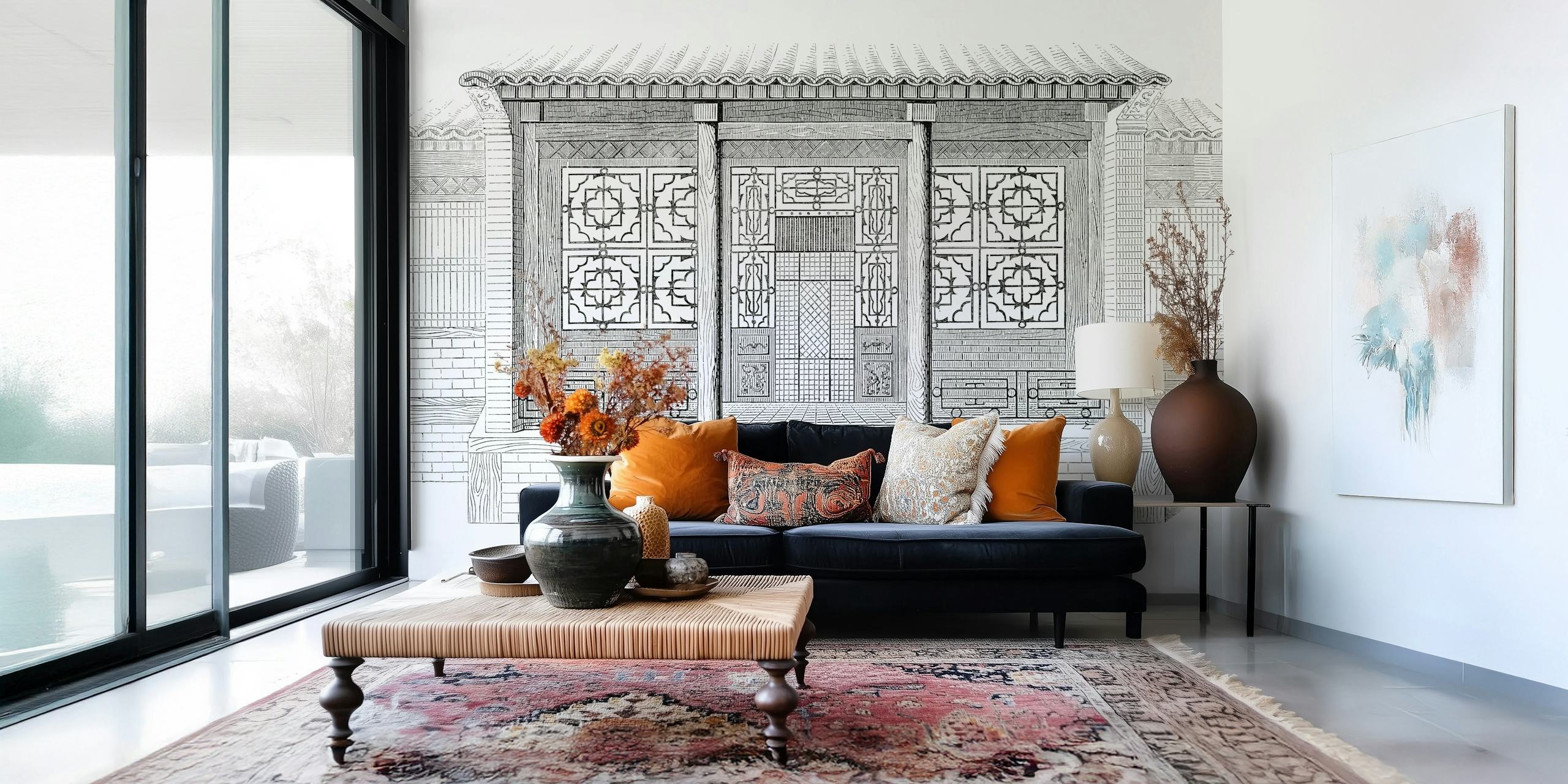 Κινεζική αντίκα Vintage Τοιχογραφία τοίχου που δείχνει περίπλοκα αρχιτεκτονικά σχέδια