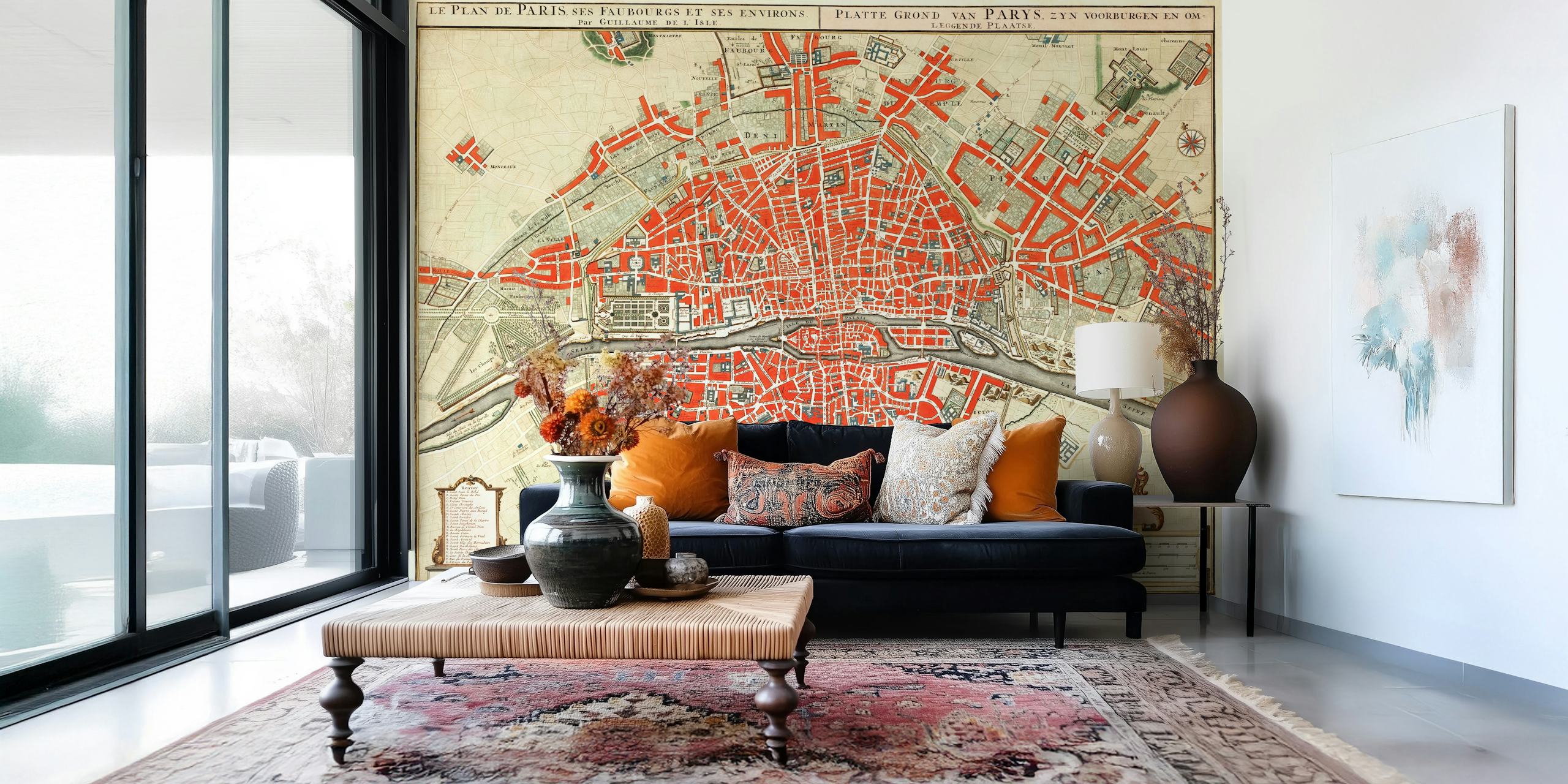 Vintage Paris map wallpaper in living room