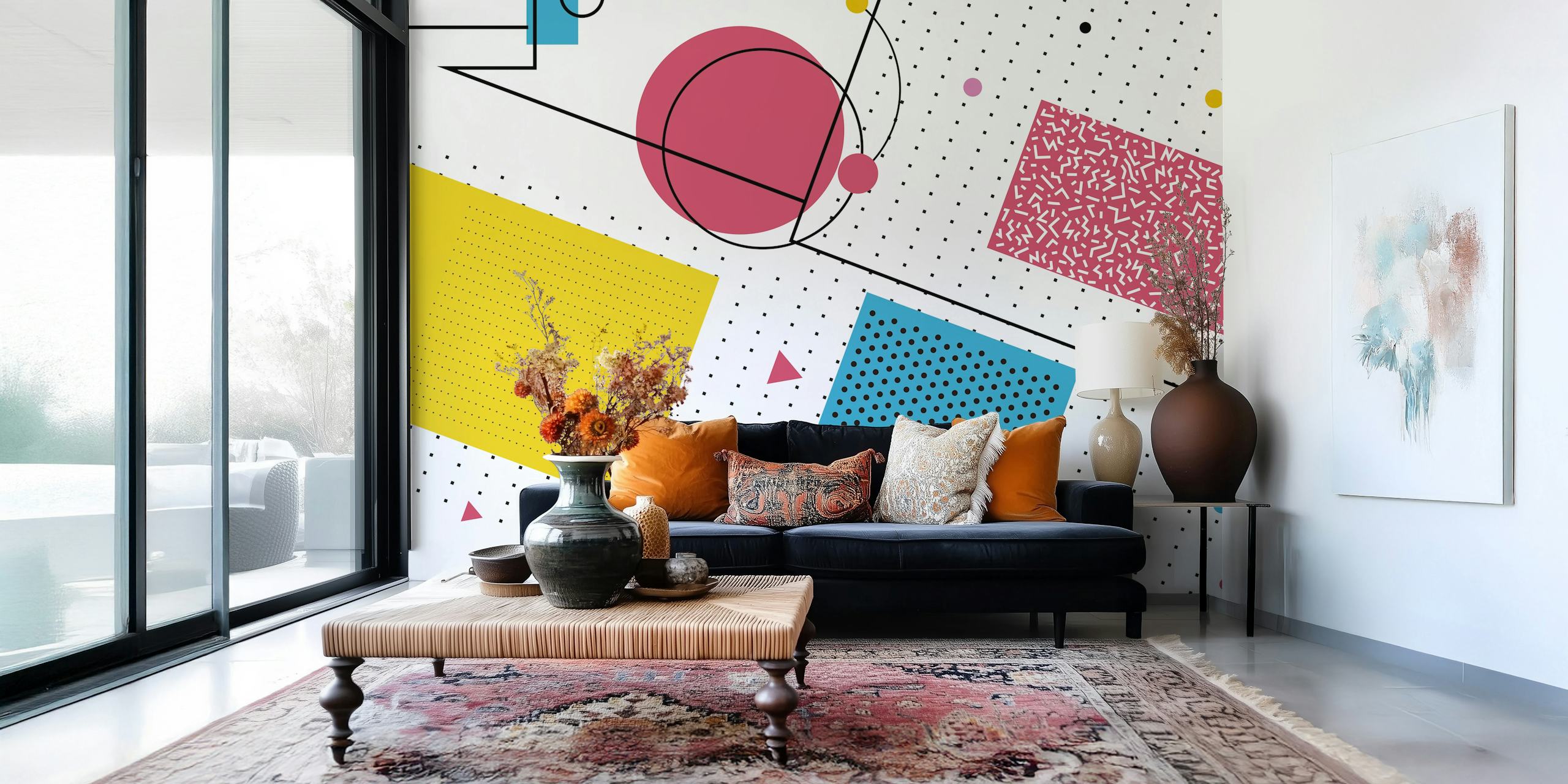 Vintage geometry pop art dots wallpaper in a room