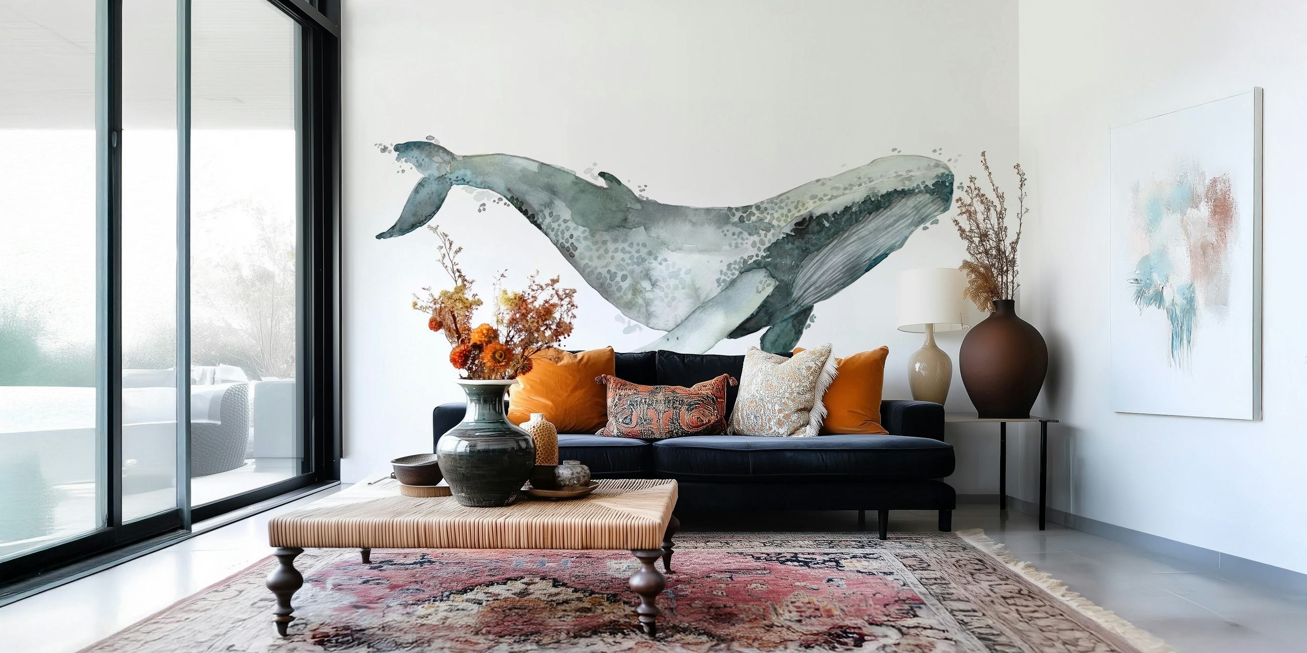 Watercolor humpback whale illustration in shades of blue and gray wallpaper