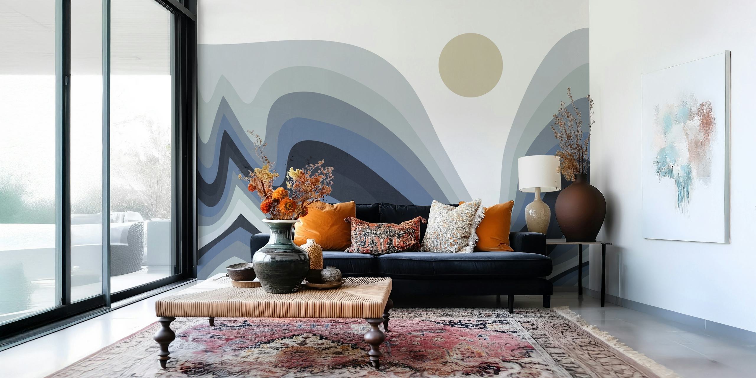 Abstrakte Landschaft mit geschwungenen Linien in Grau- und Cremetönen, mit einer einsamen blassen Sonne.