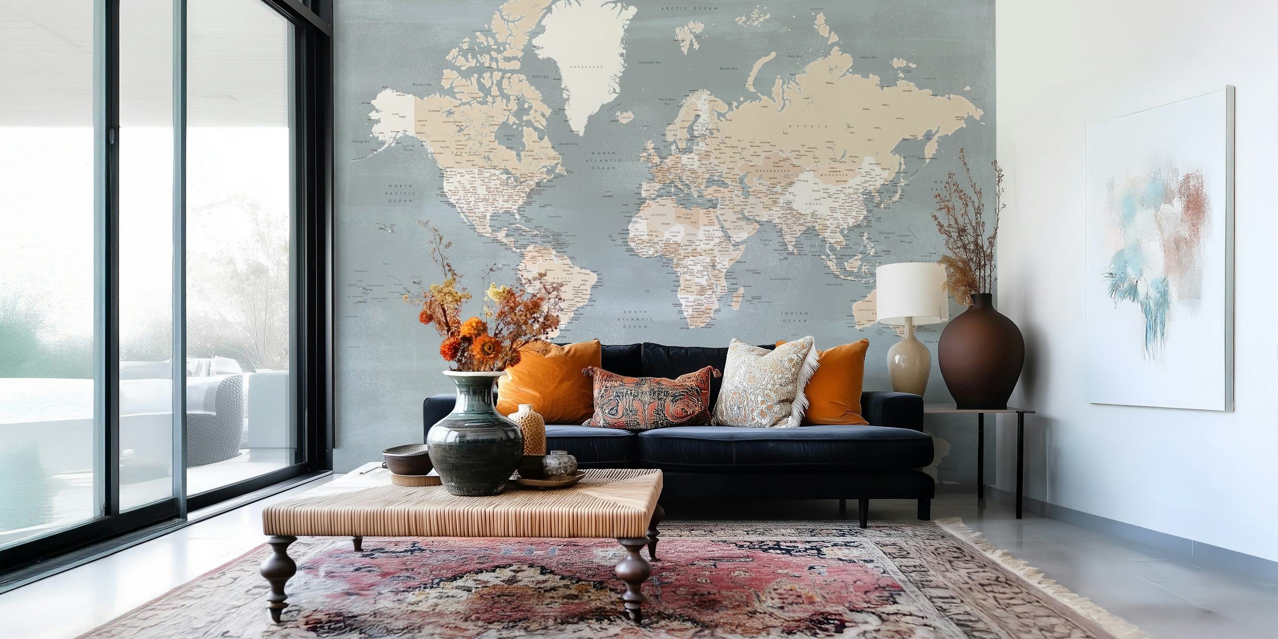 World map in muted beige and grey tones wallpaper