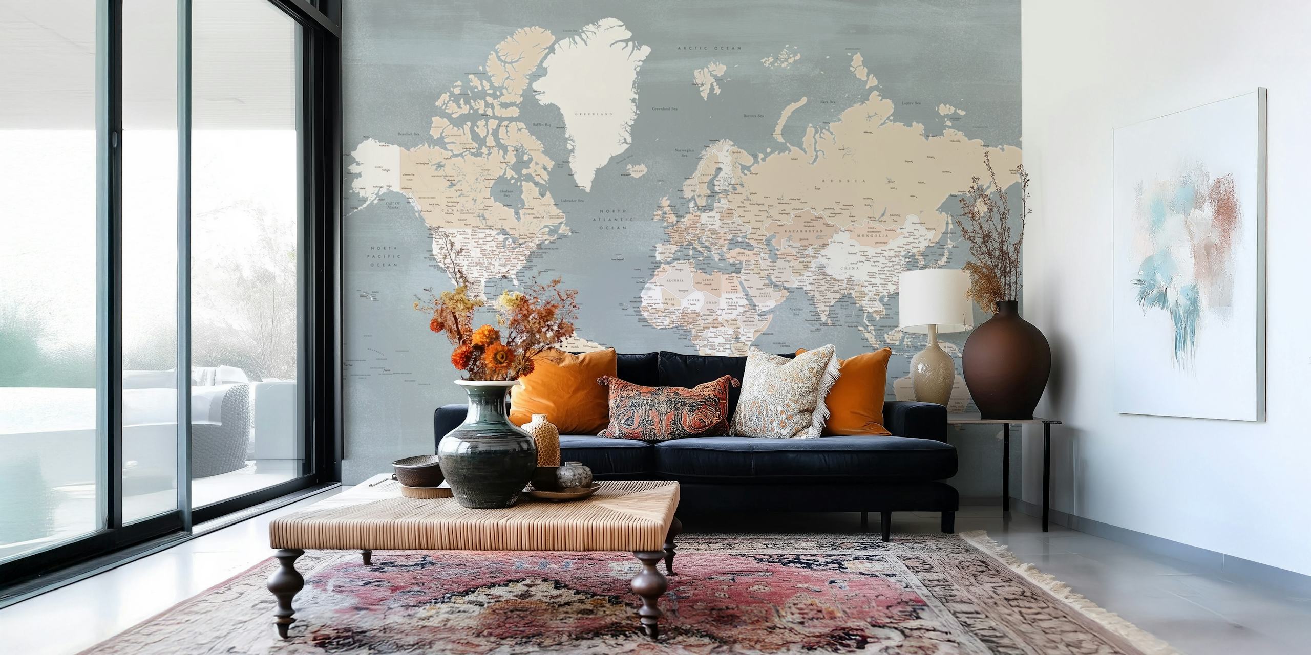 Detailed world map in beige and gray colors wallpaper