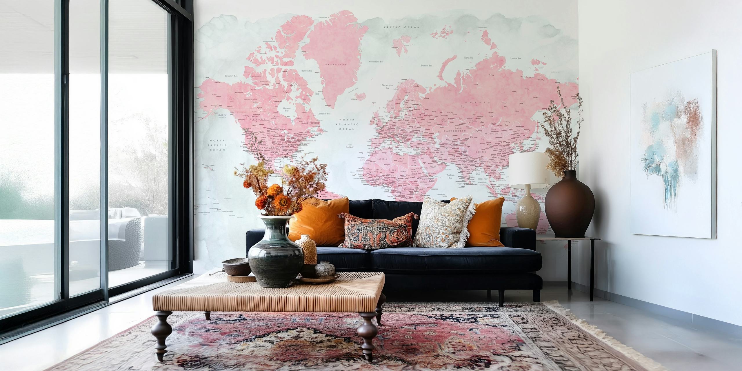 Detailed world map tapetti huoneessa
