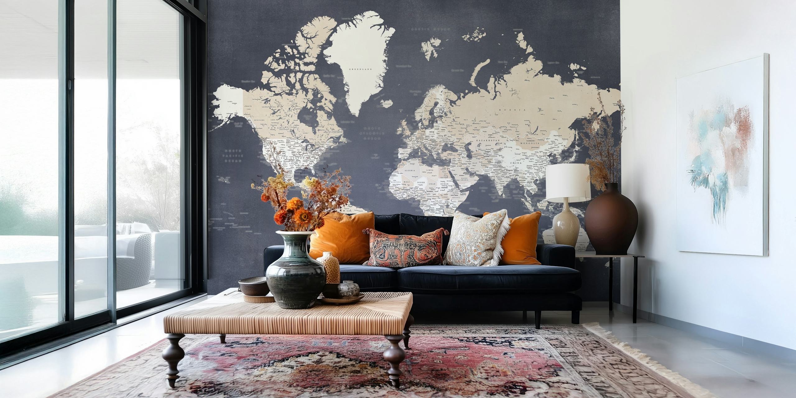 Wanderlust-inspiroima maailmankartan seinämaalaus vintage-tyyliin tyylikkäällä käsikirjoituksella