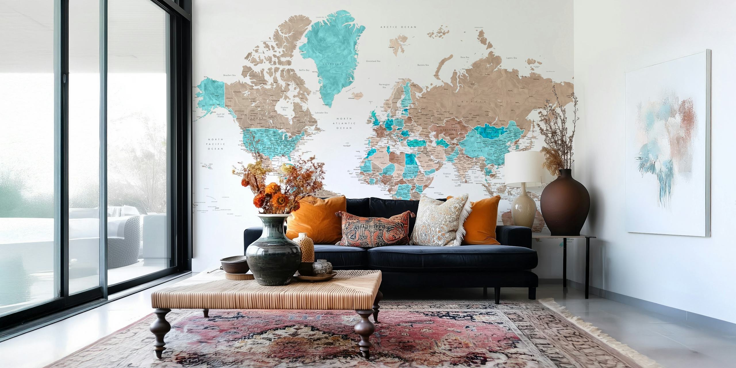 Detailed world map in teal and beige tones wallpaper