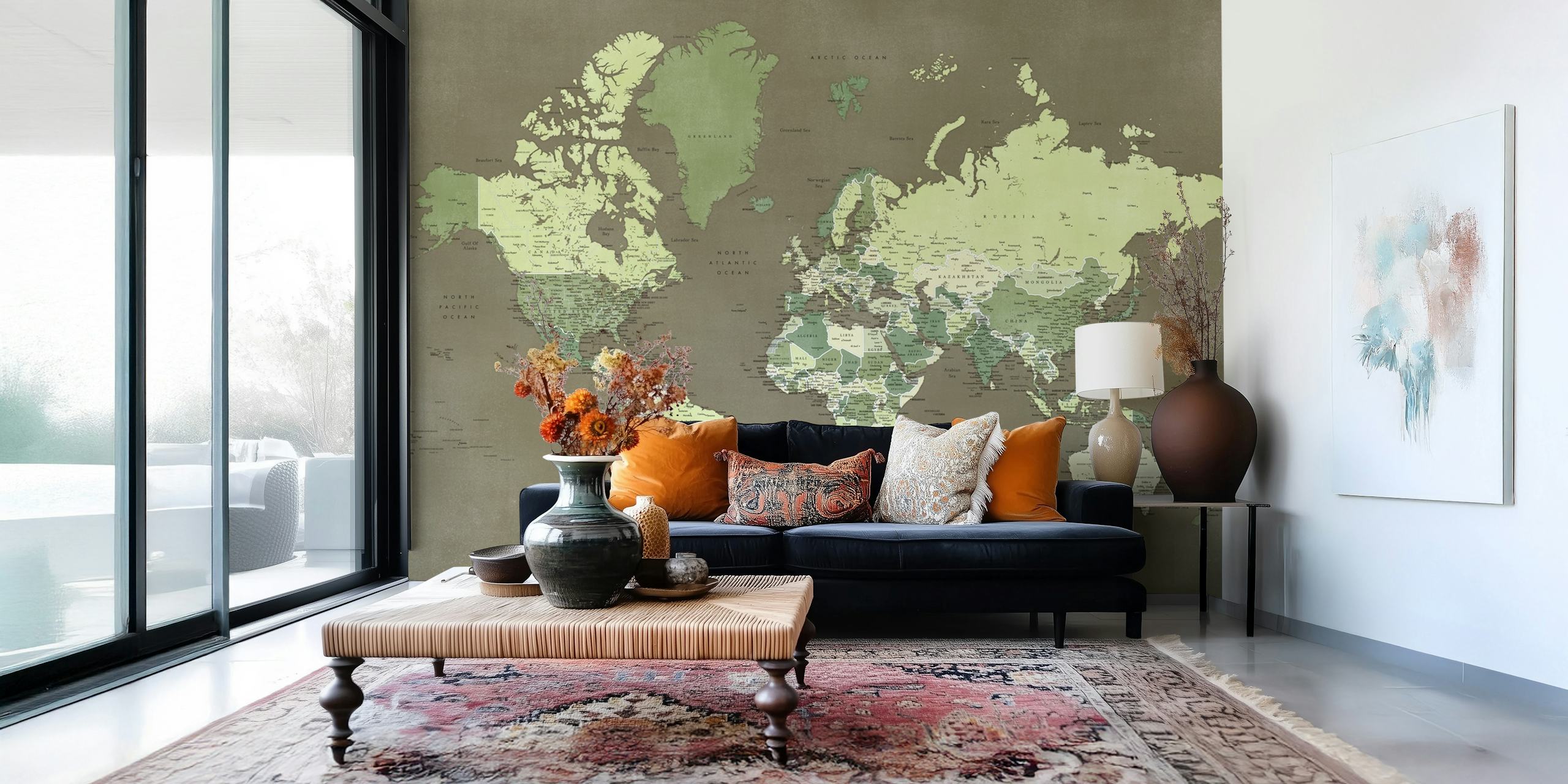 Detaljerad världskarta Camo tapet med en snygg kamouflagebakgrund i toner av grönt, brunt och beige