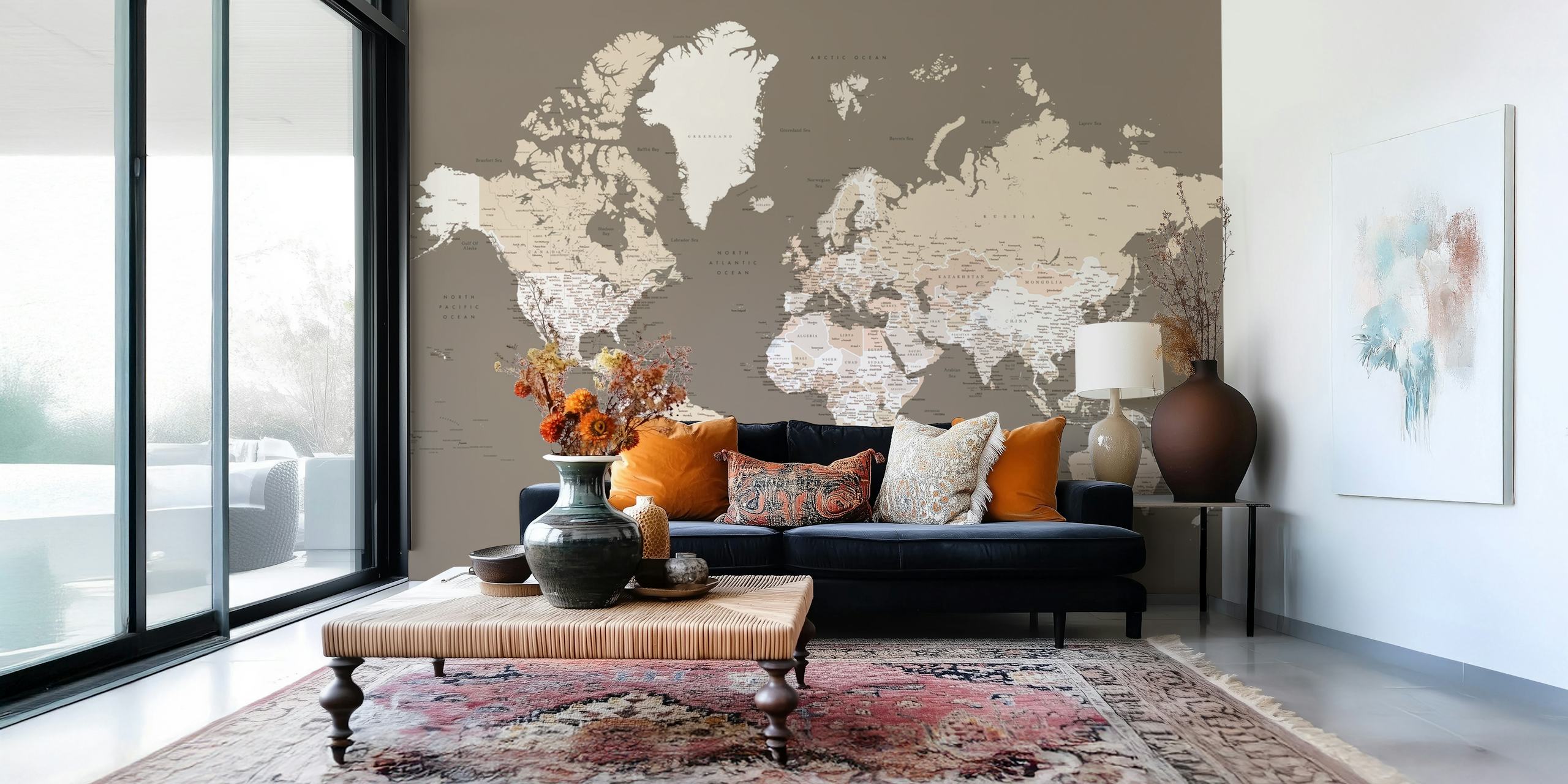 Detailed world map in earth tones on brown background wallpaper