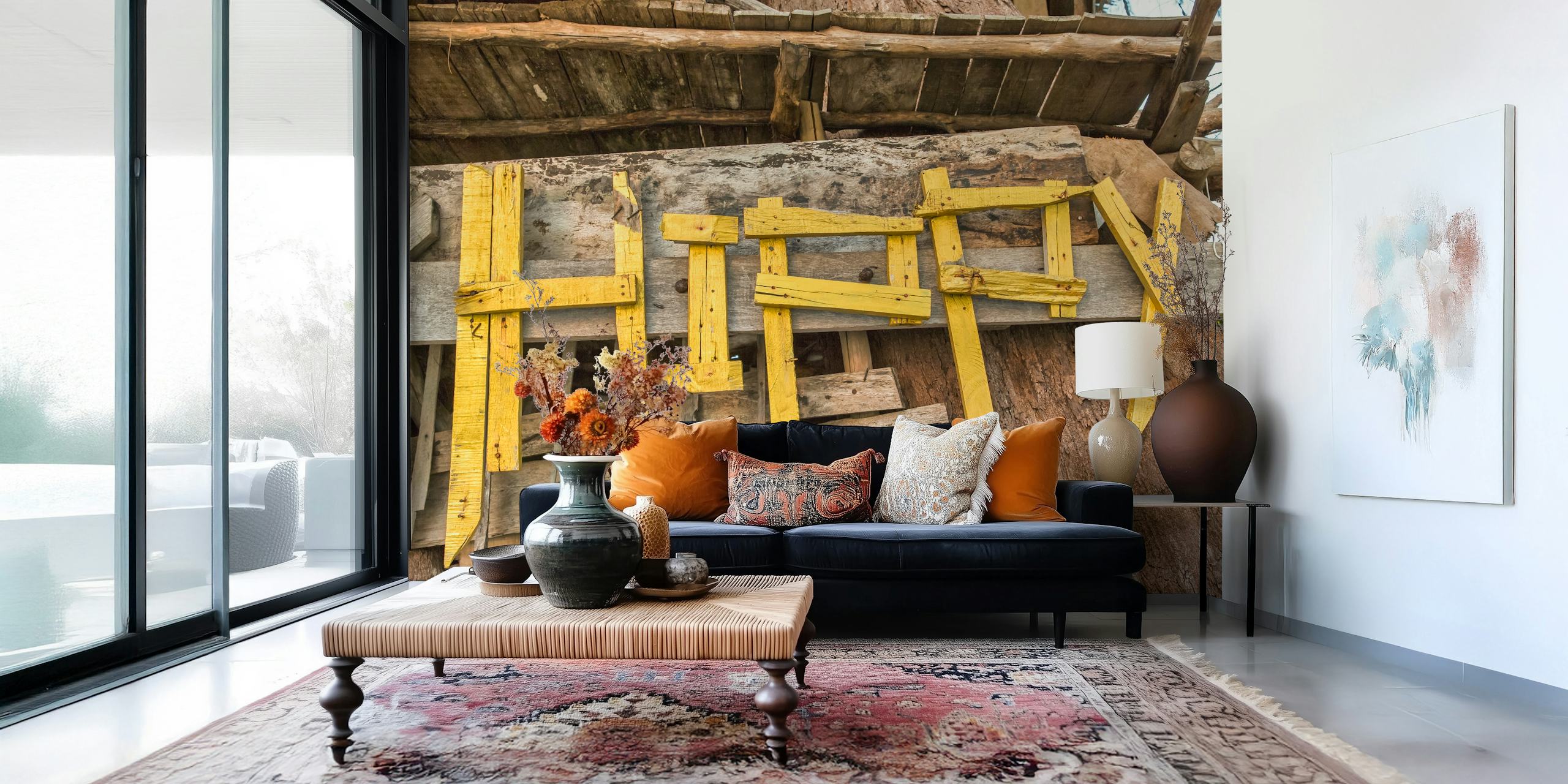 Murale con scritta Hippy in legno rustico su sfondo strutturato.