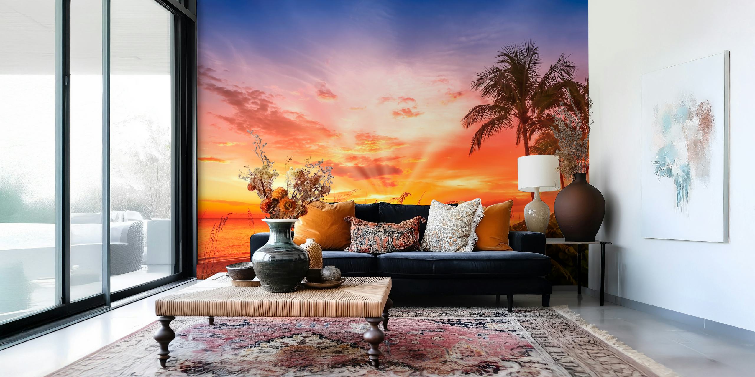 Tropical sunset over the beach with palm trees wallpaper