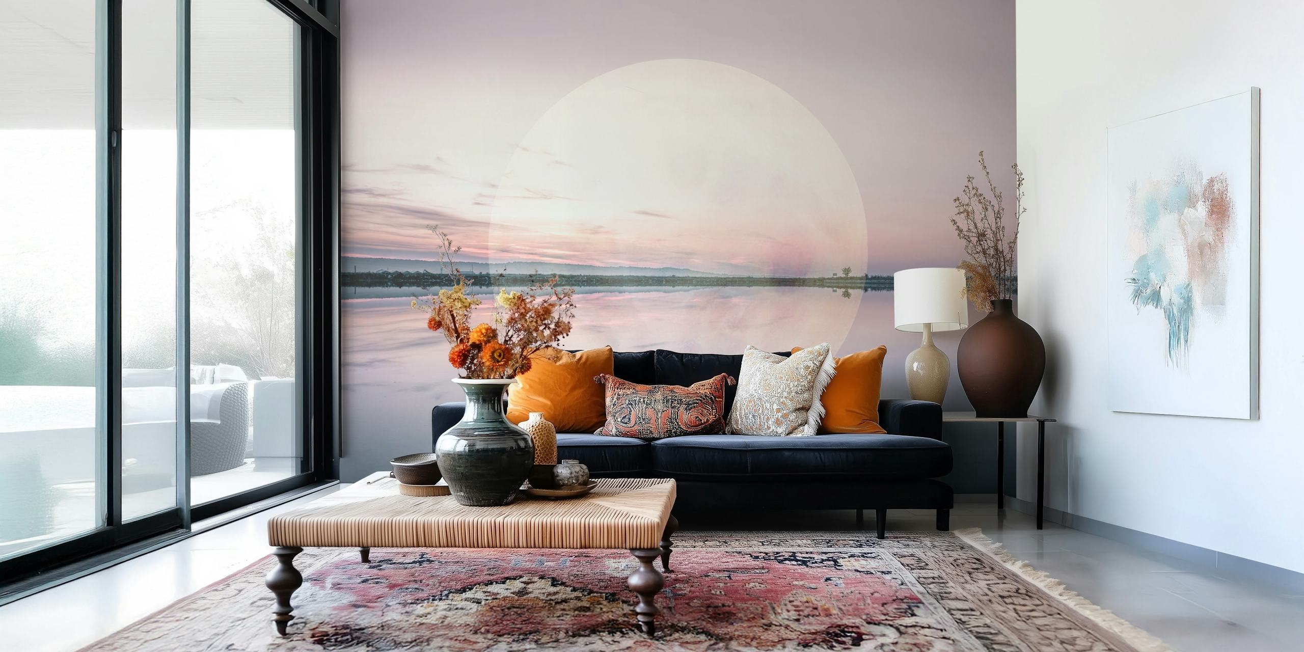 Surreal wallpaper featuring a large moon reflection over calm water in pastel colors