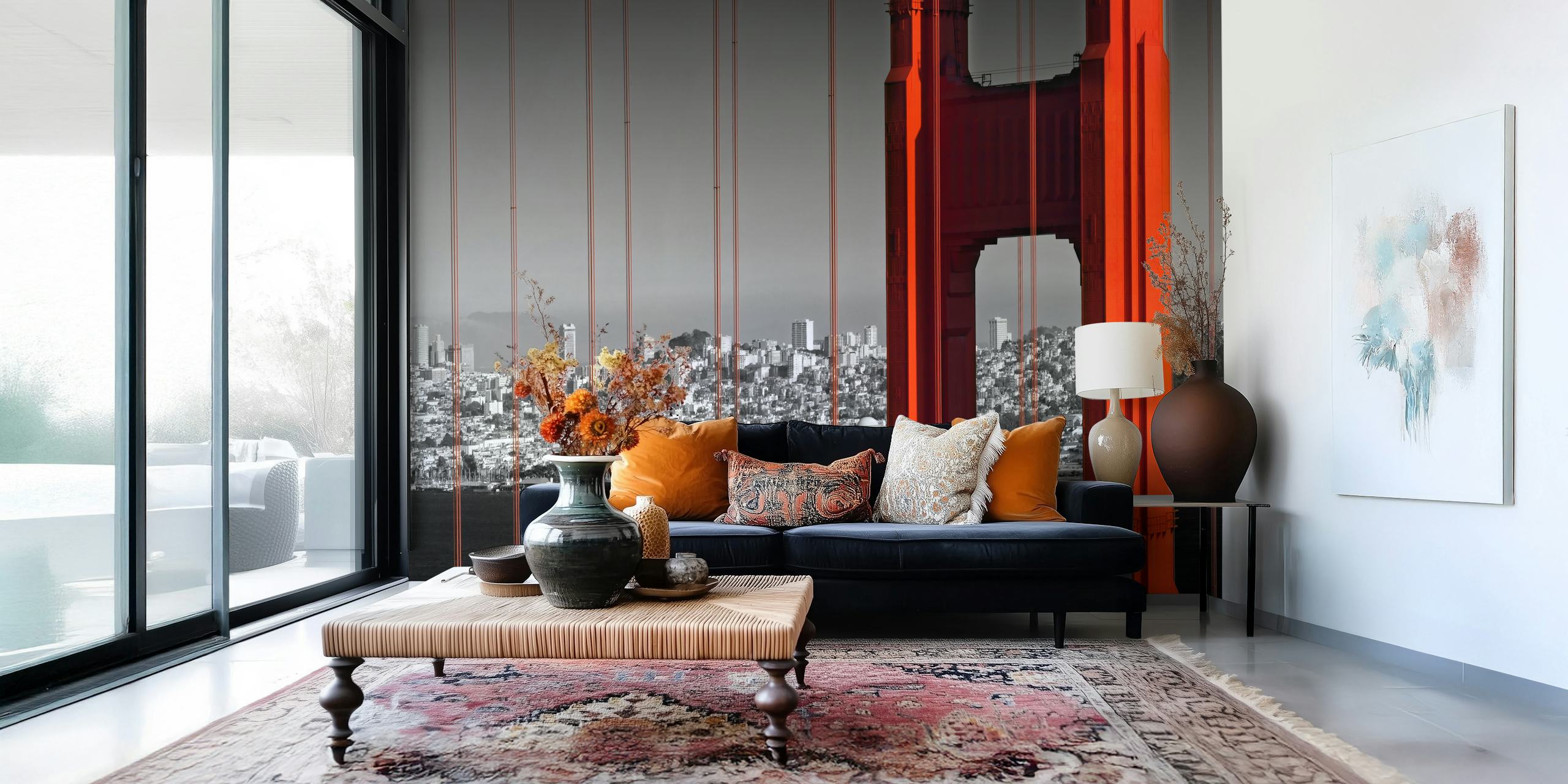 Golden Gate Bridge with red details and black and white cityscape wallpaper