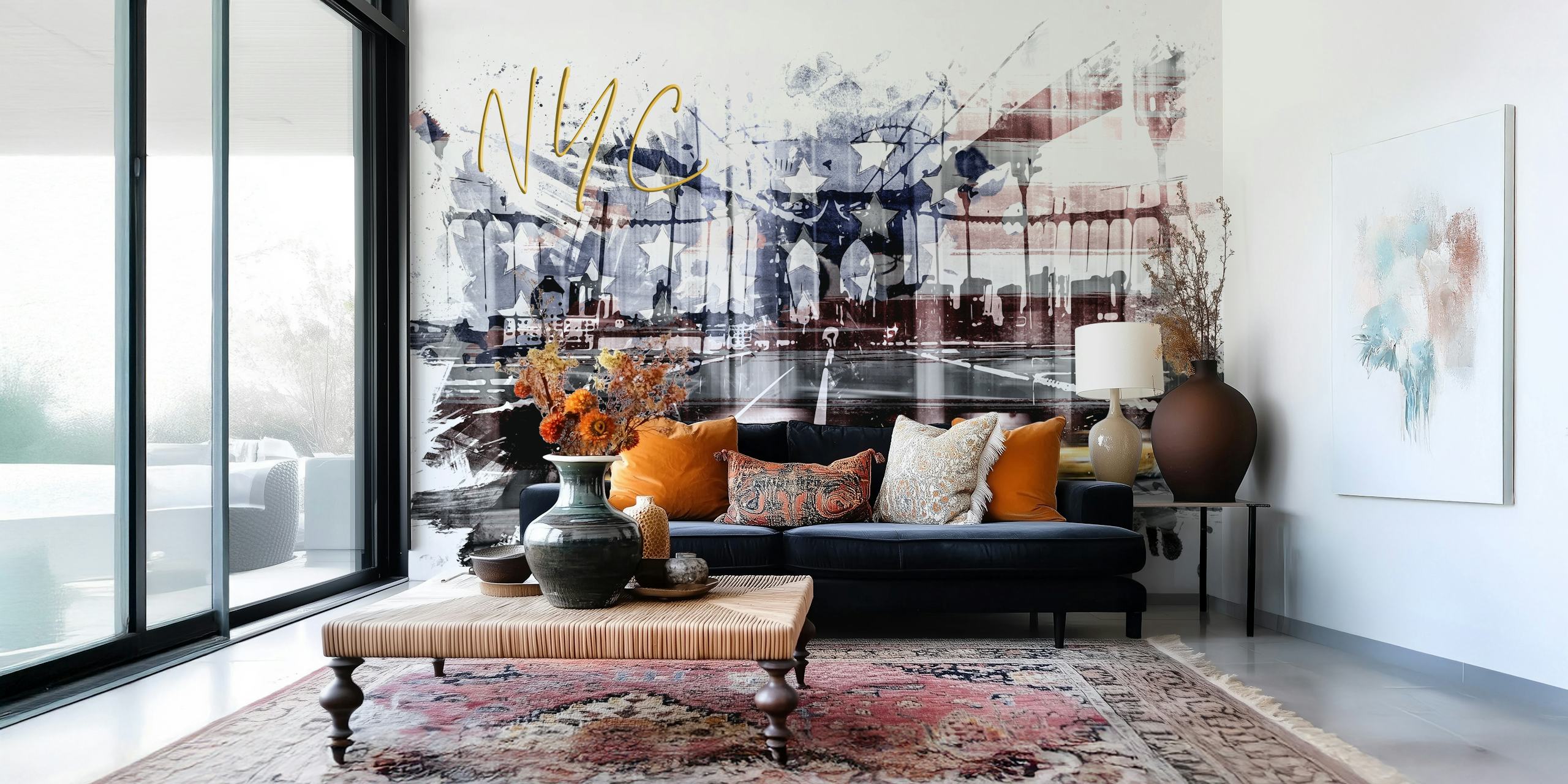 Mural de parede abstrato do horizonte da cidade de Nova York com salpicos artísticos e destaques de táxi amarelo