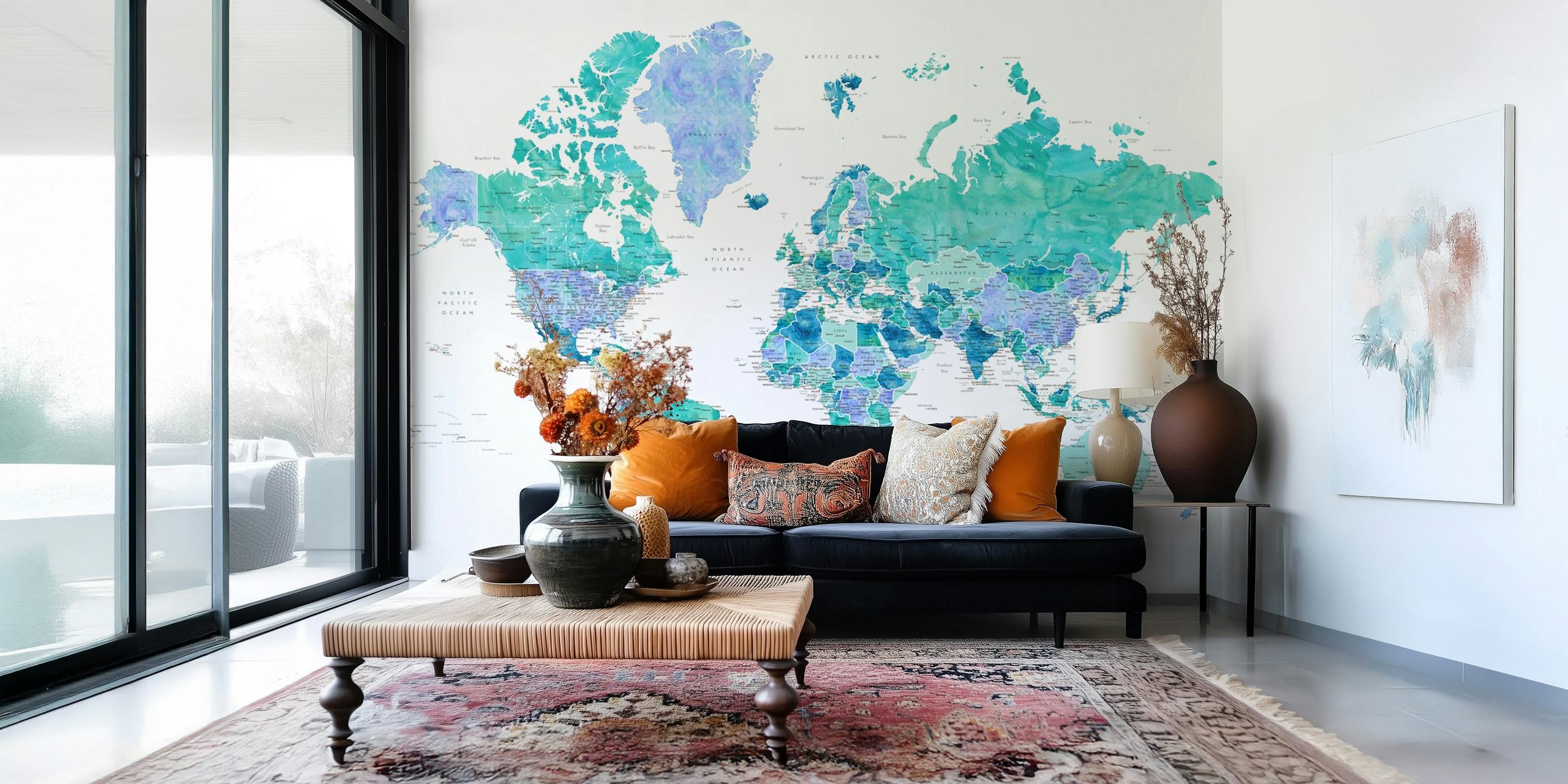 Colorful world map in shades of blue and green wallpaper