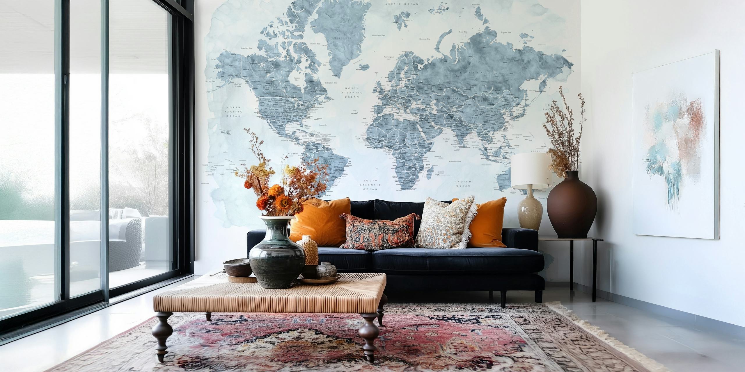 Stylized world map wall mural with pastel shades and Antarctica highlight