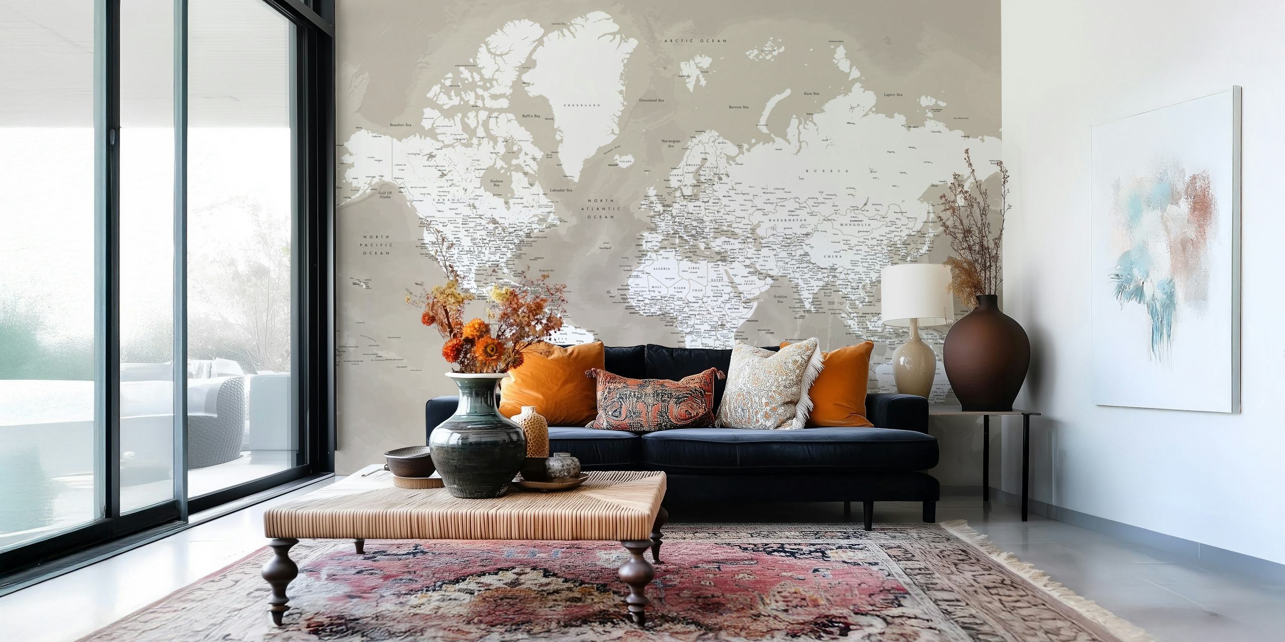 Carta da parati mappa mondiale dettagliata in una stanza