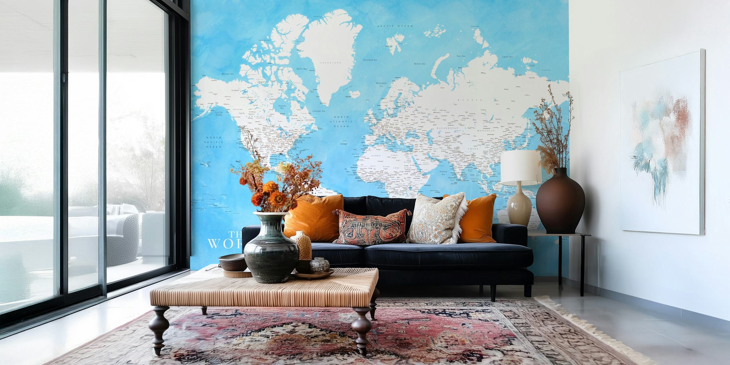 Papel pintado de mapa mundial detallado en una habitación