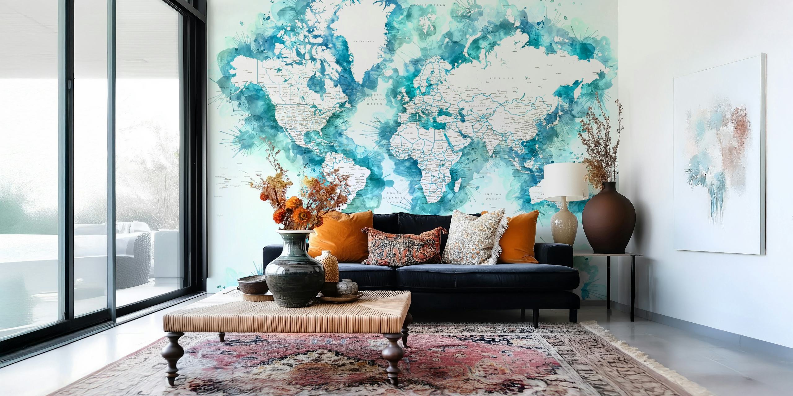 Watercolor world map design with blue splashes and white continents wallpaper