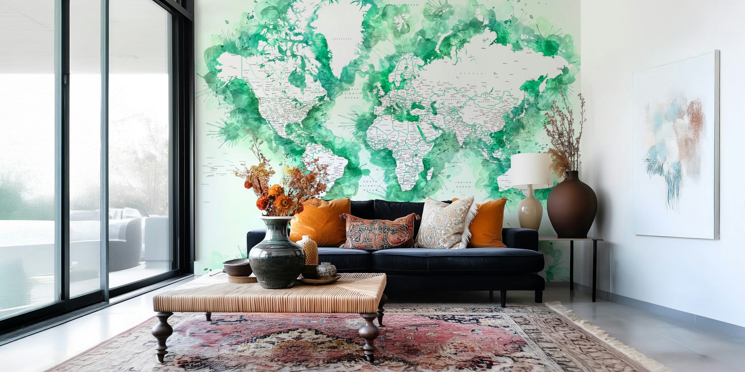 Abstract world map in green watercolor style wallpaper