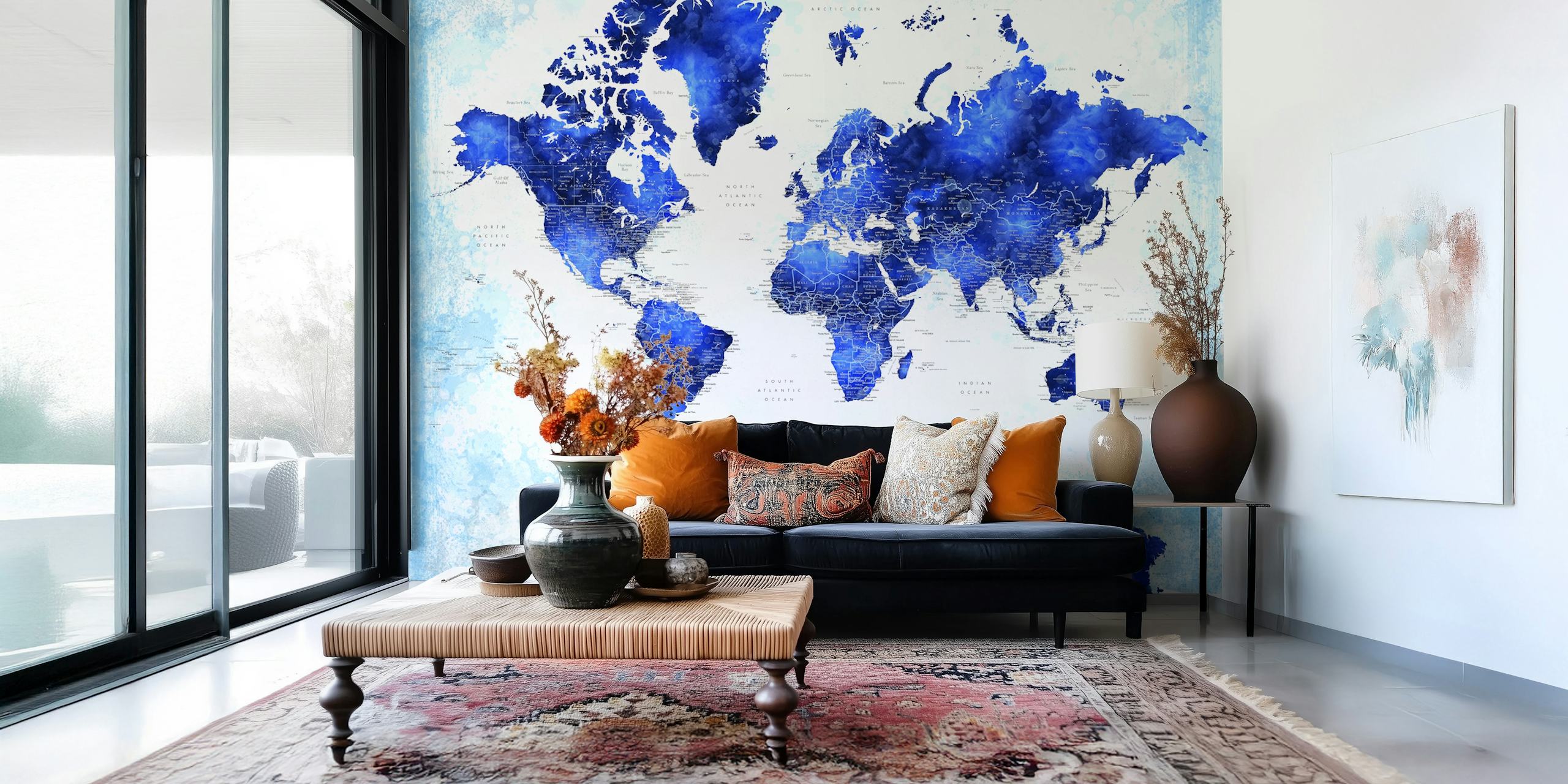 Blue watercolor world map with details and textures wallpaper