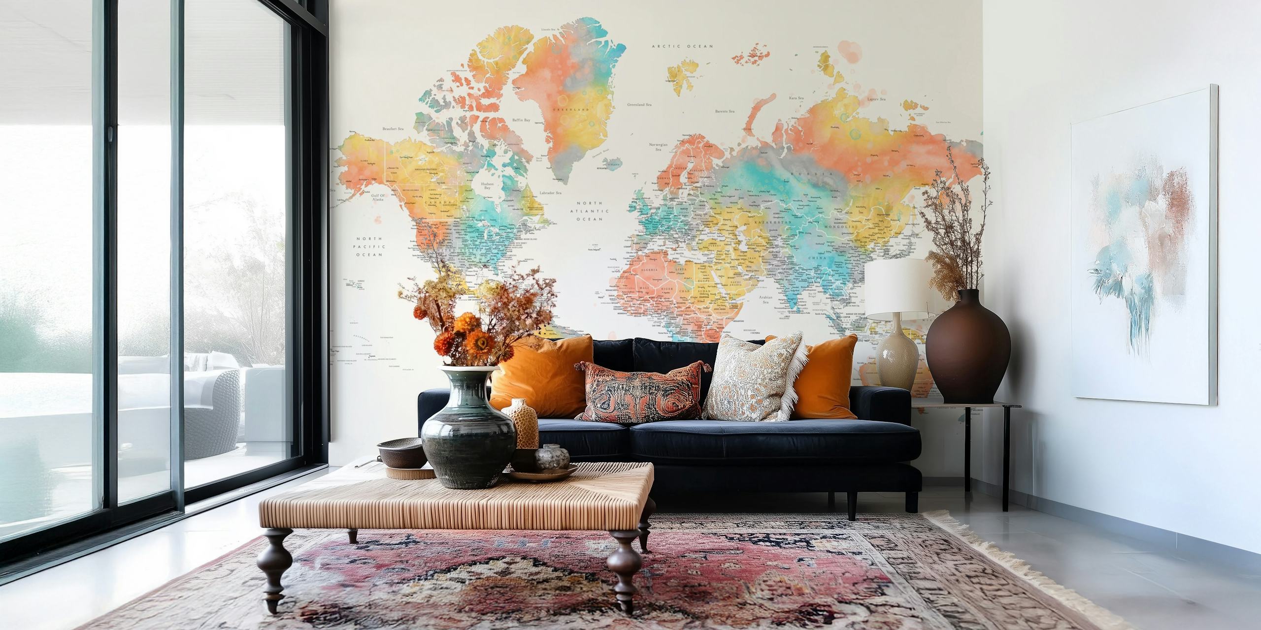 Colorful and detailed world map wall mural for interior decoration