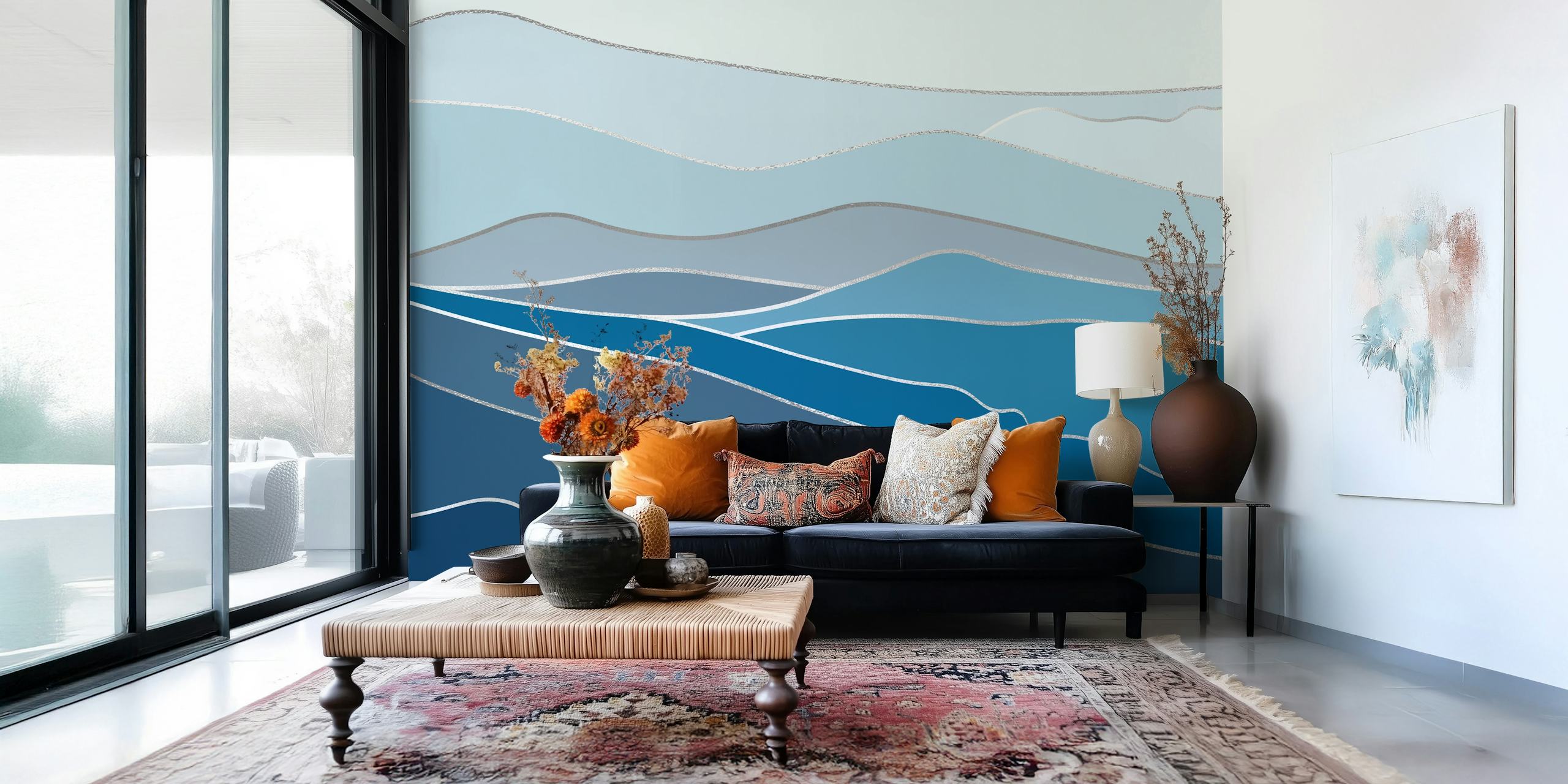 Papel de parede Landscape Blue And Silver em um quarto