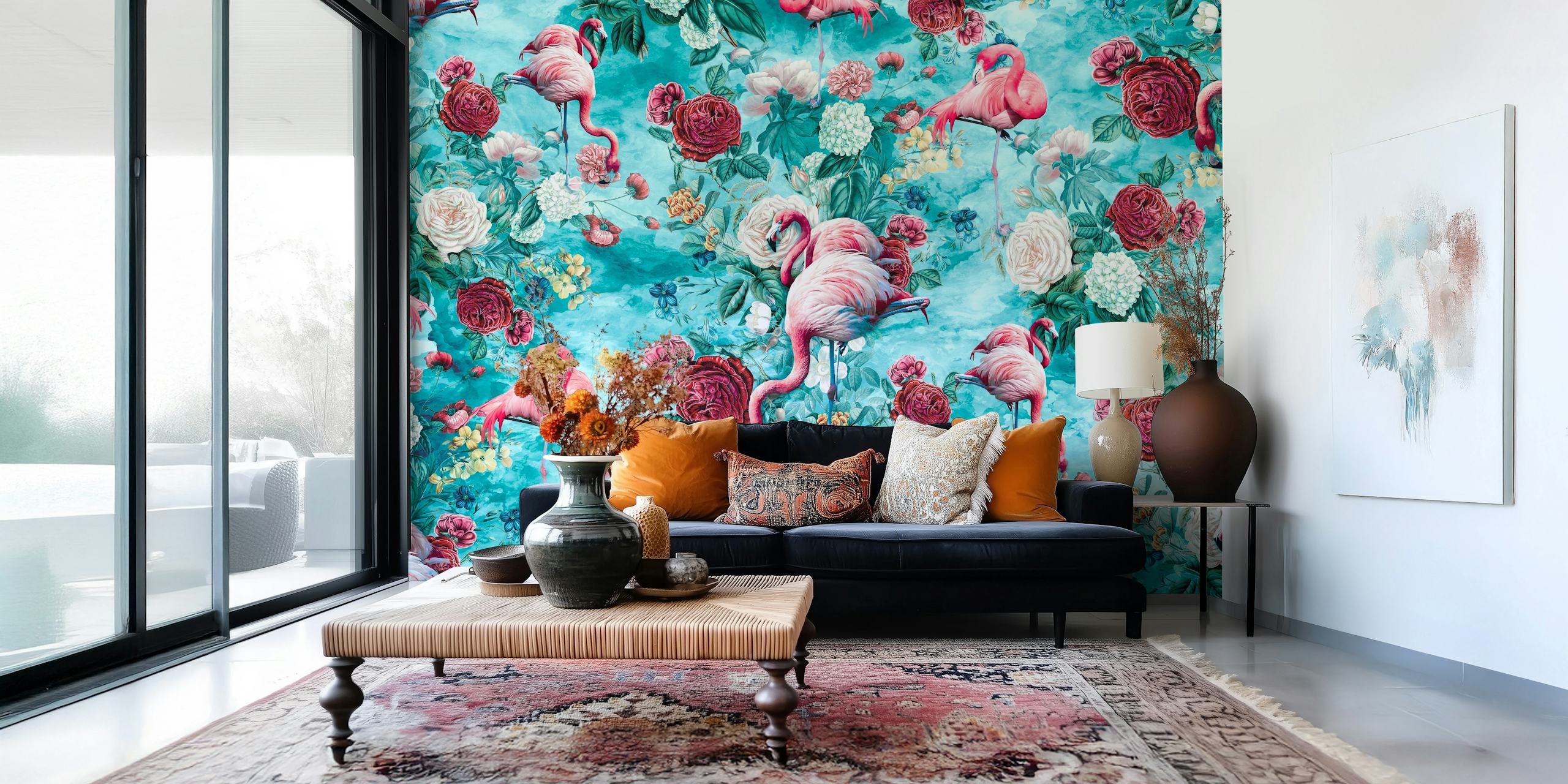 Filamingos wall mural with pink flamingos and botanicals
