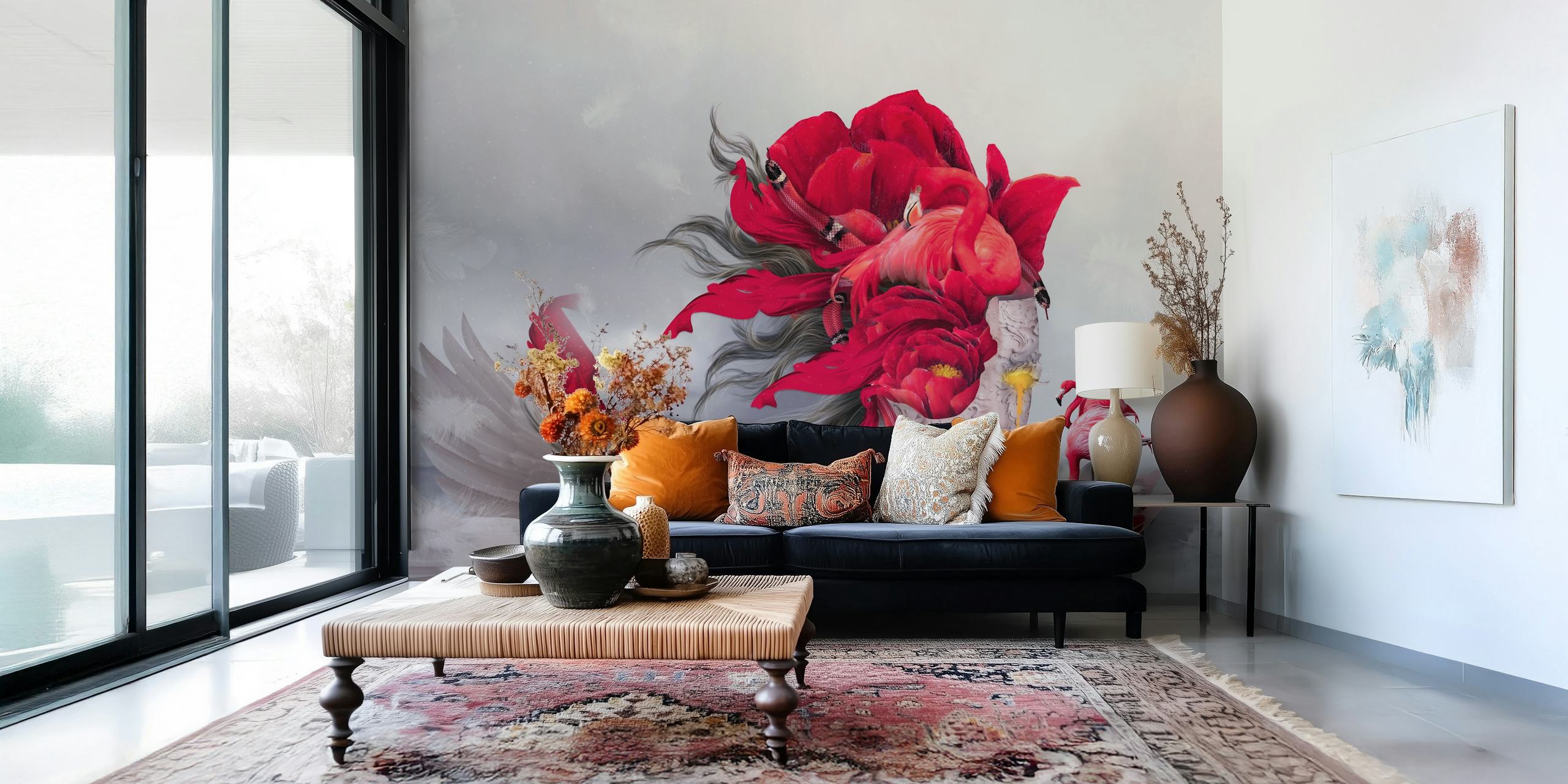 Flamingo Queen wallpaper featuring a woman with floral elements and flamingo, red colors, modern design