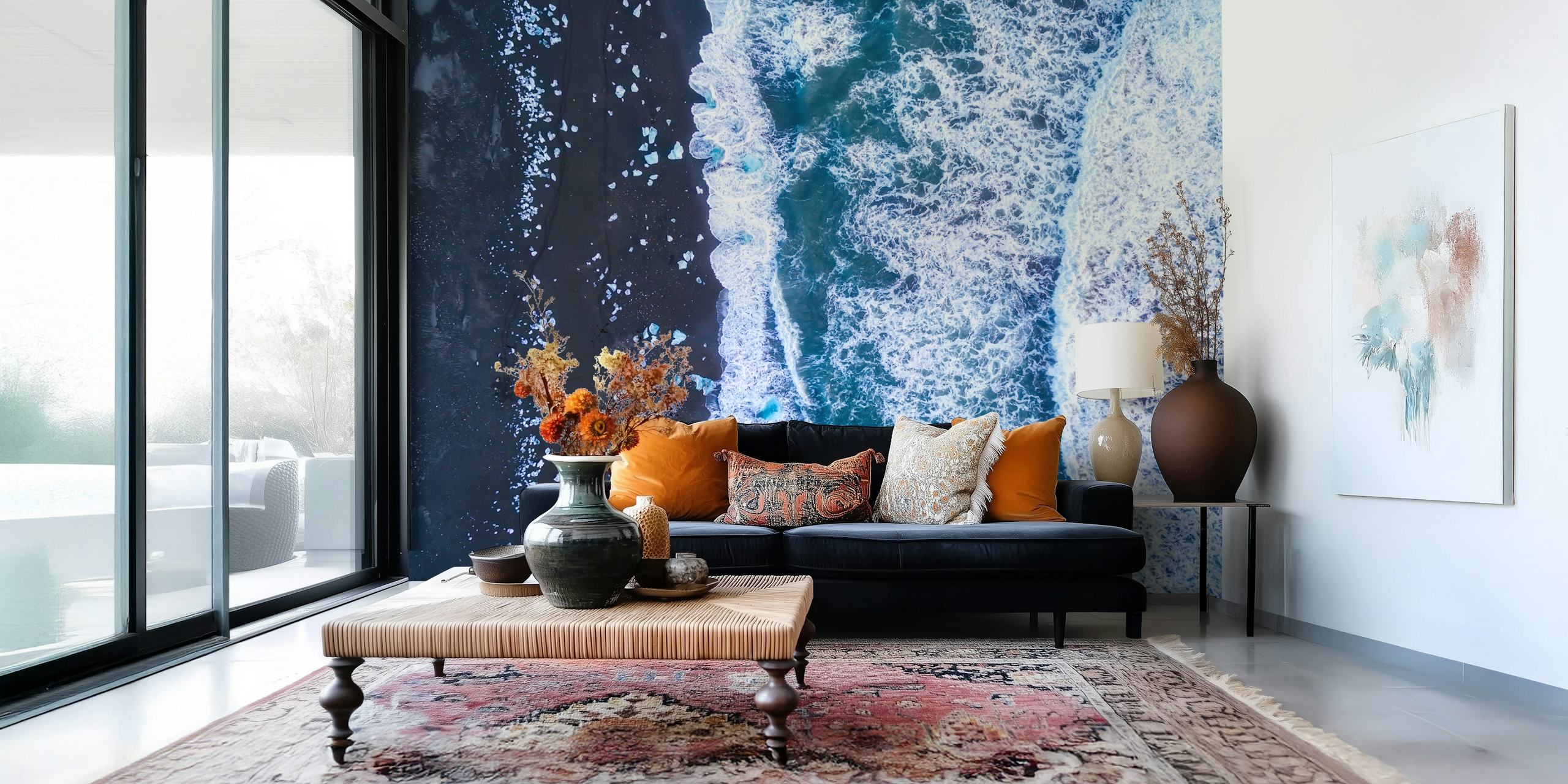Ocean waves with black sand and icebergs, abstract wallpaper