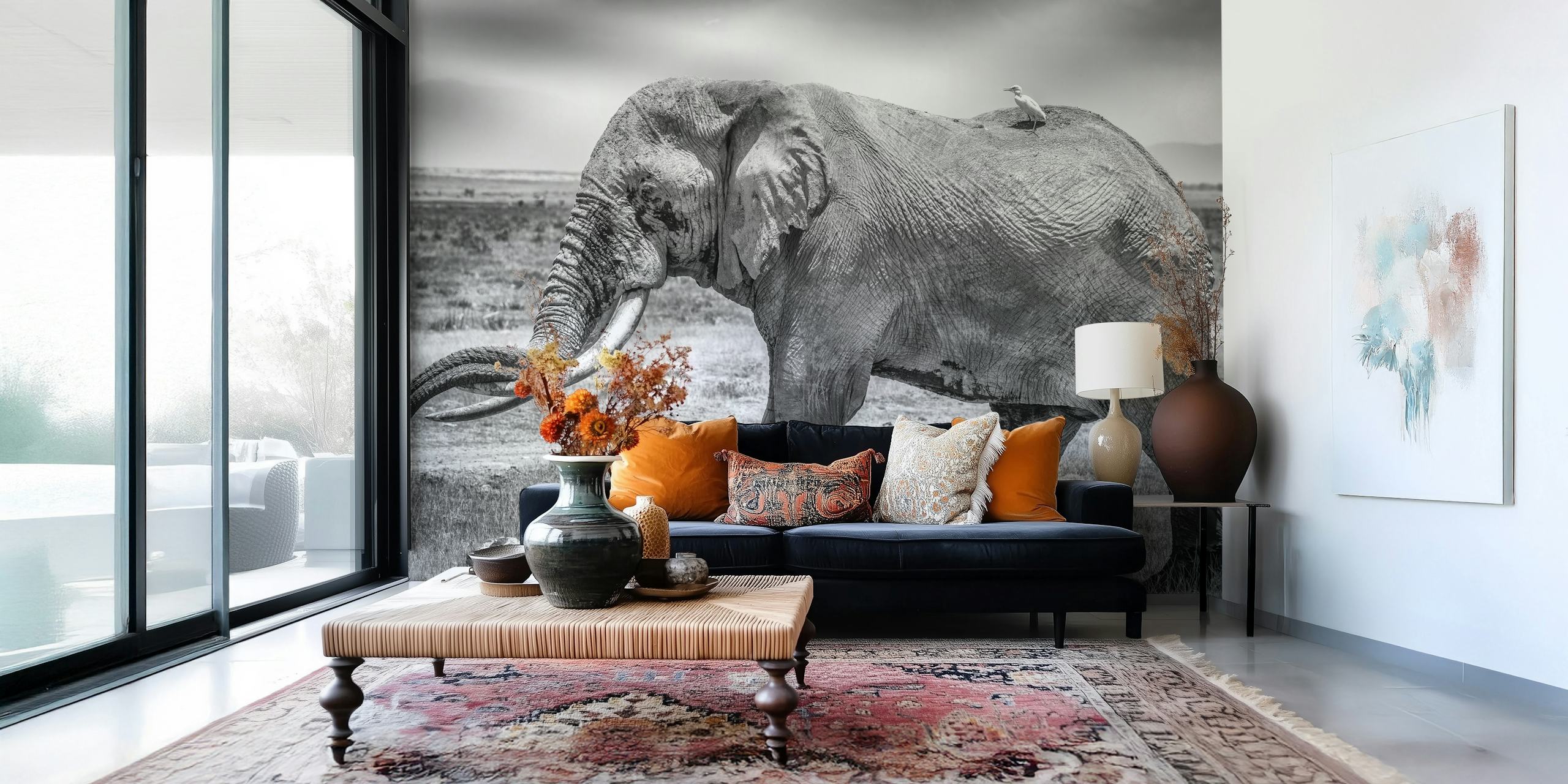 Black and white wall mural with a majestic elephant in a serene natural setting