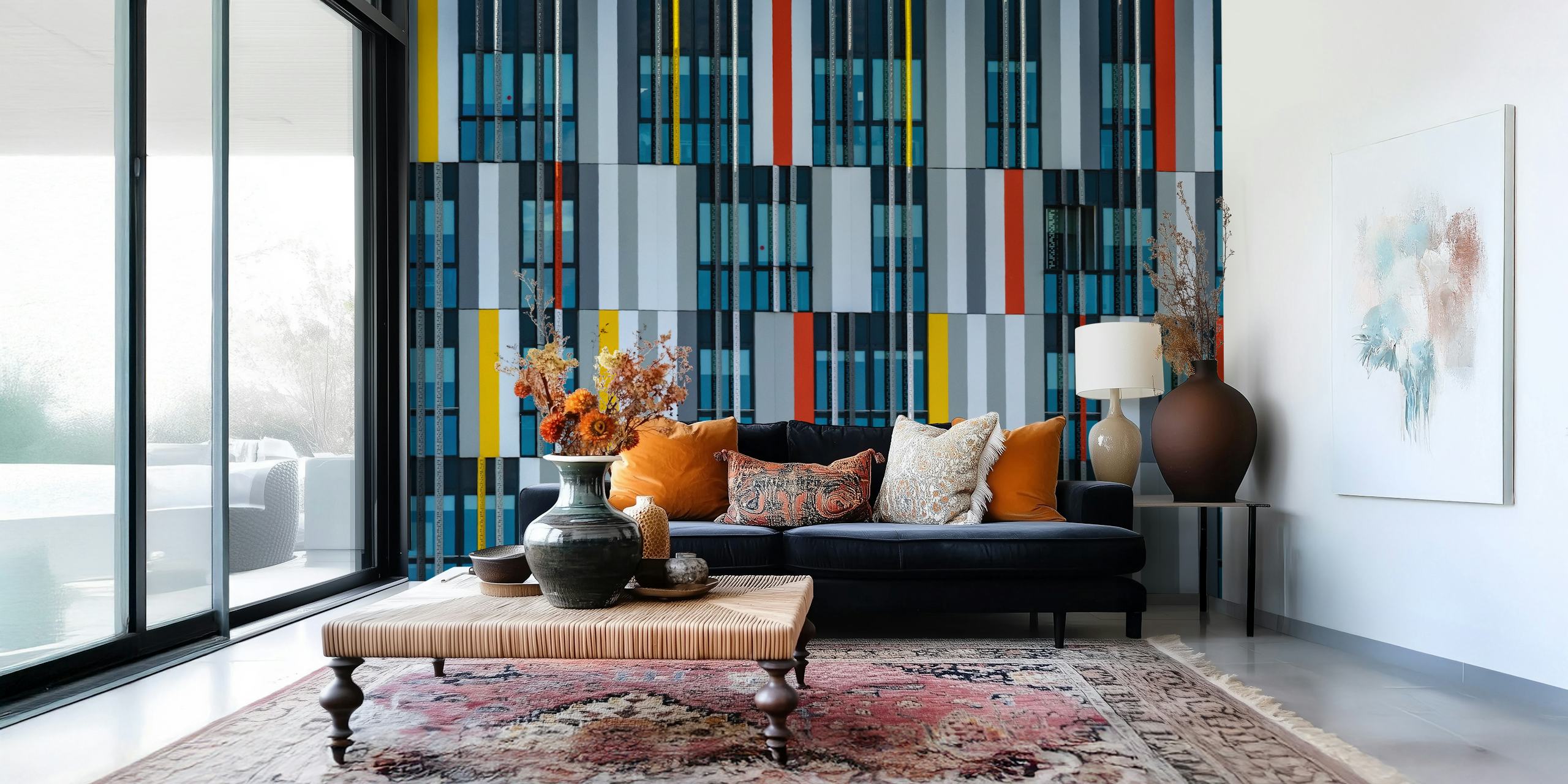 Modern Color Patch tapet med geometriska mönster med röda, blå och gula accenter på en dämpad bakgrund
