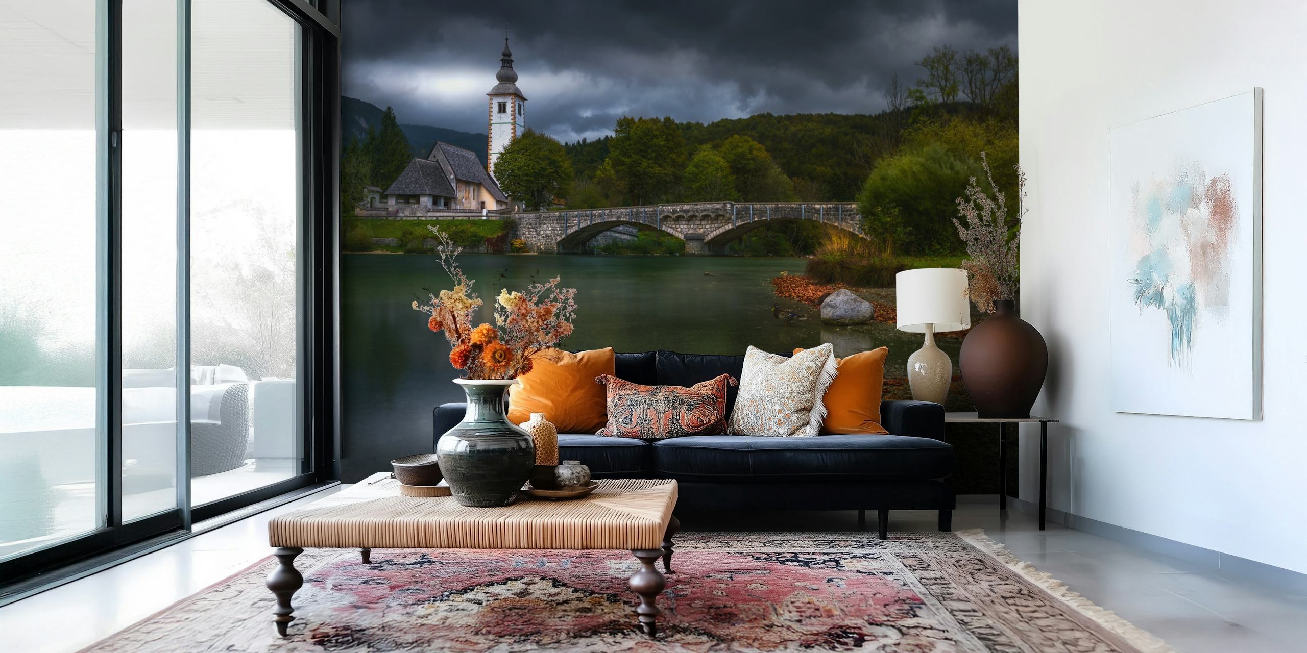 Scenic river and church landscape with dark clouds wallpaper