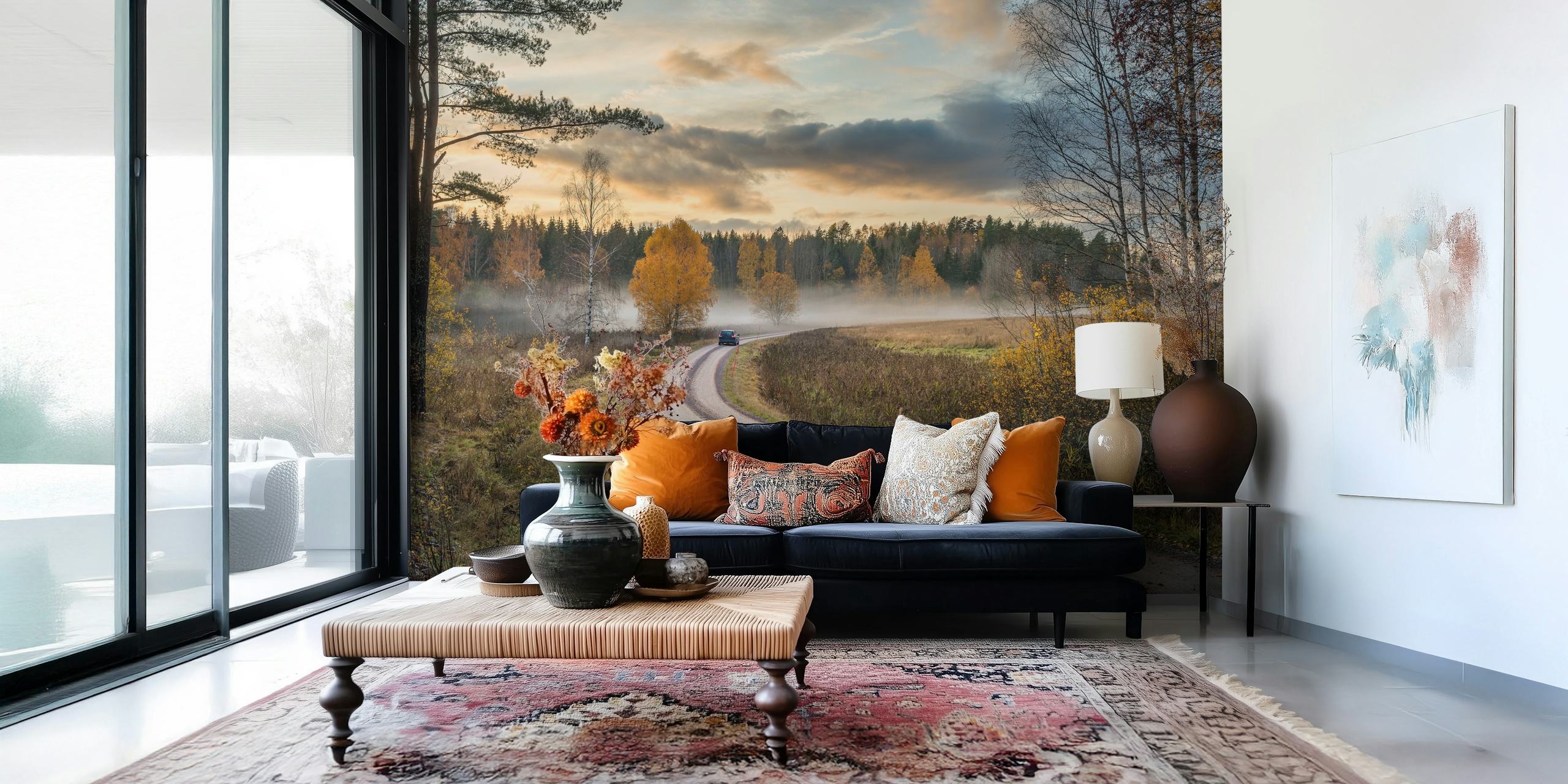 Autumn landscape wallpaper with winding road, yellow trees, and clouds