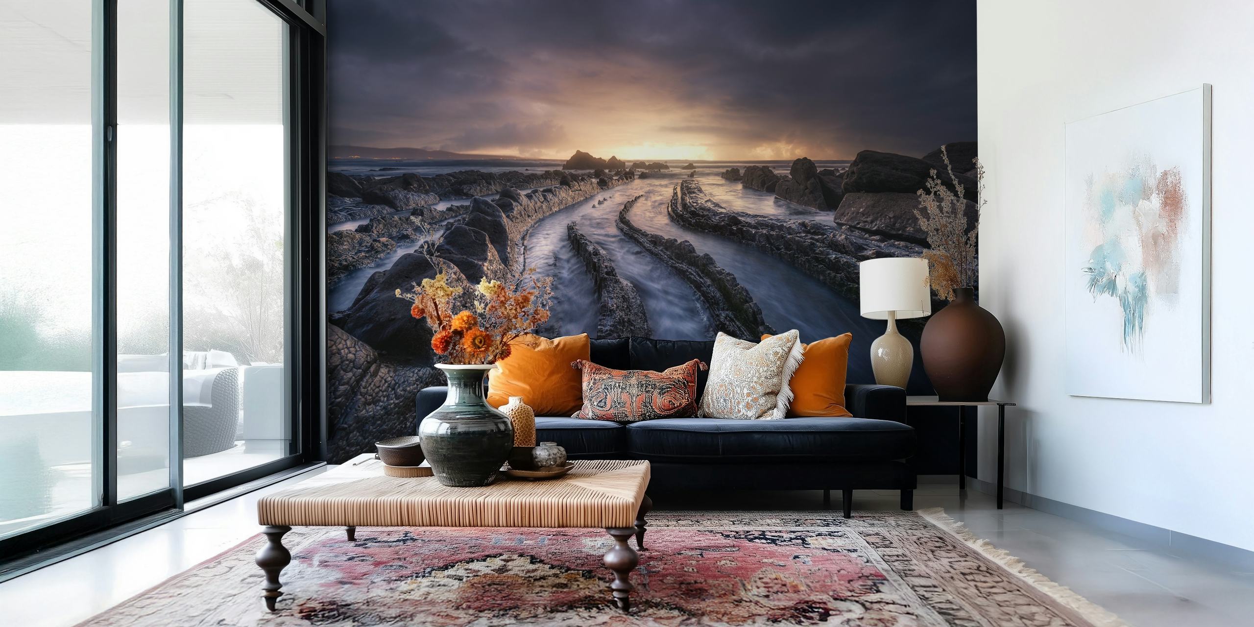 Coastal landscape wallpaper with textured rocks and water