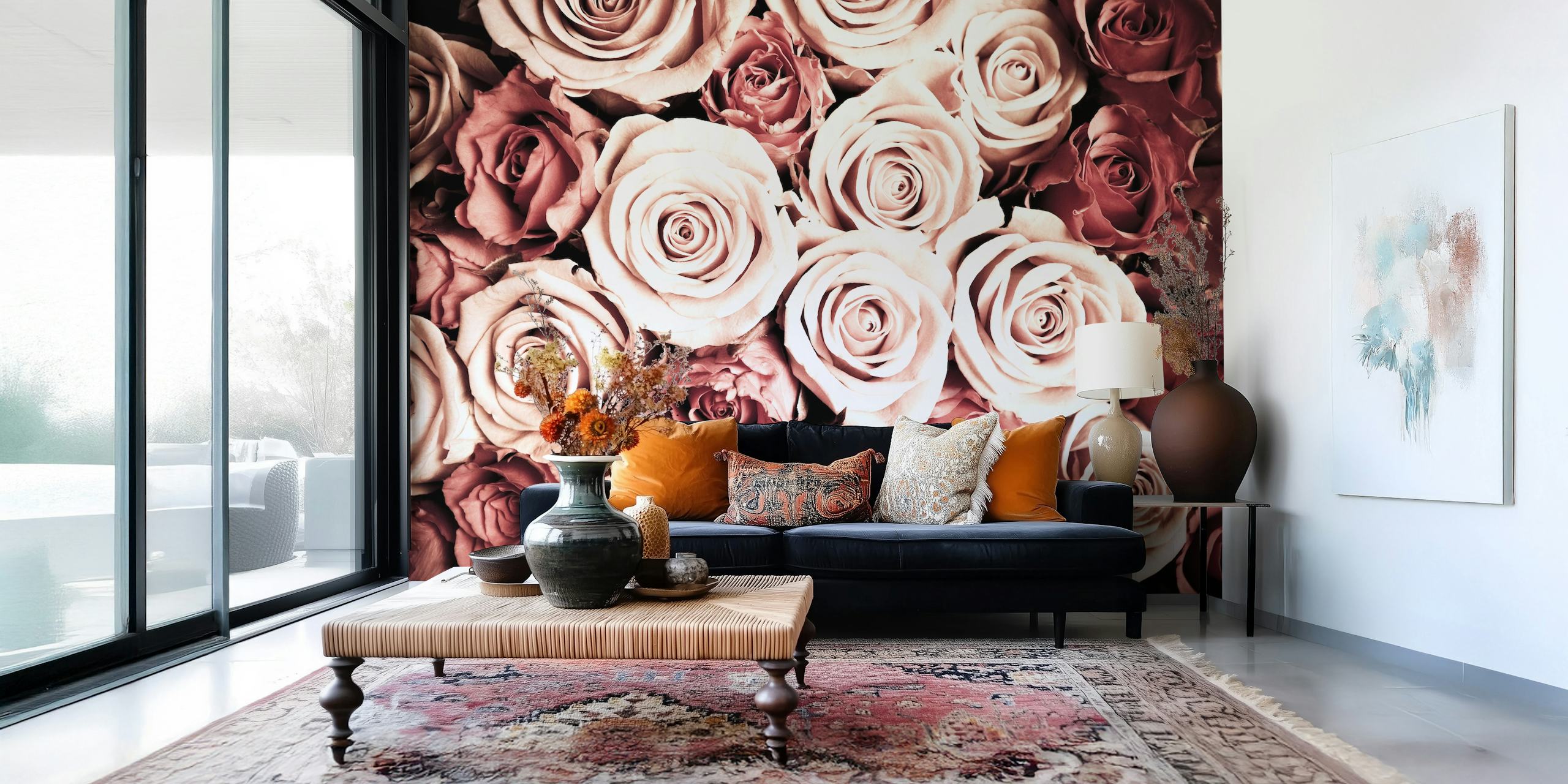 Zbliżenie kwiecistej fototapety przedstawiającej różowe i karmazynowe róże w różnych odcieniach, do wystroju domu lub biura.