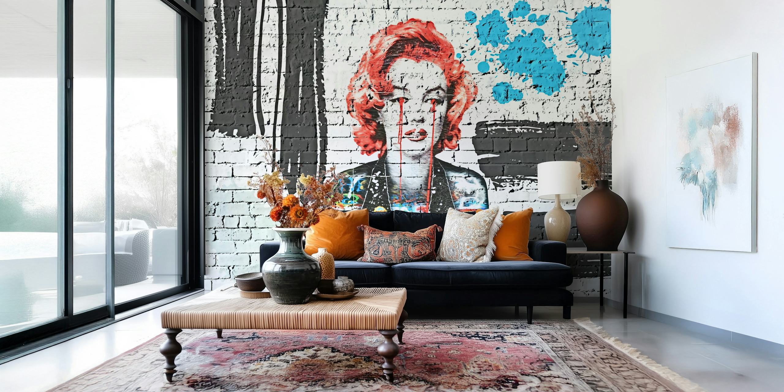 Colorful graffiti mural featuring a woman with red hair and vibrant patterns wallpaper