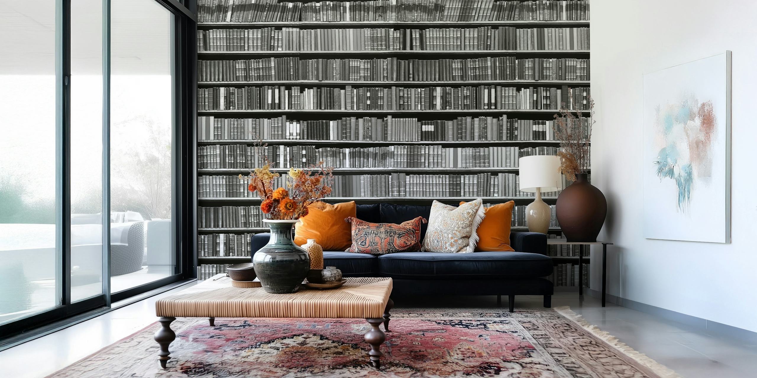 Black and white wallpaper featuring a bookshelf design with stacked books