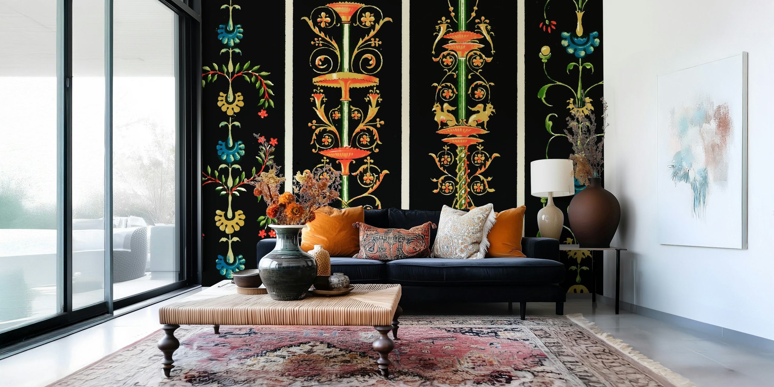 Vintage floral pattern in colorful hues on a black background wallpaper