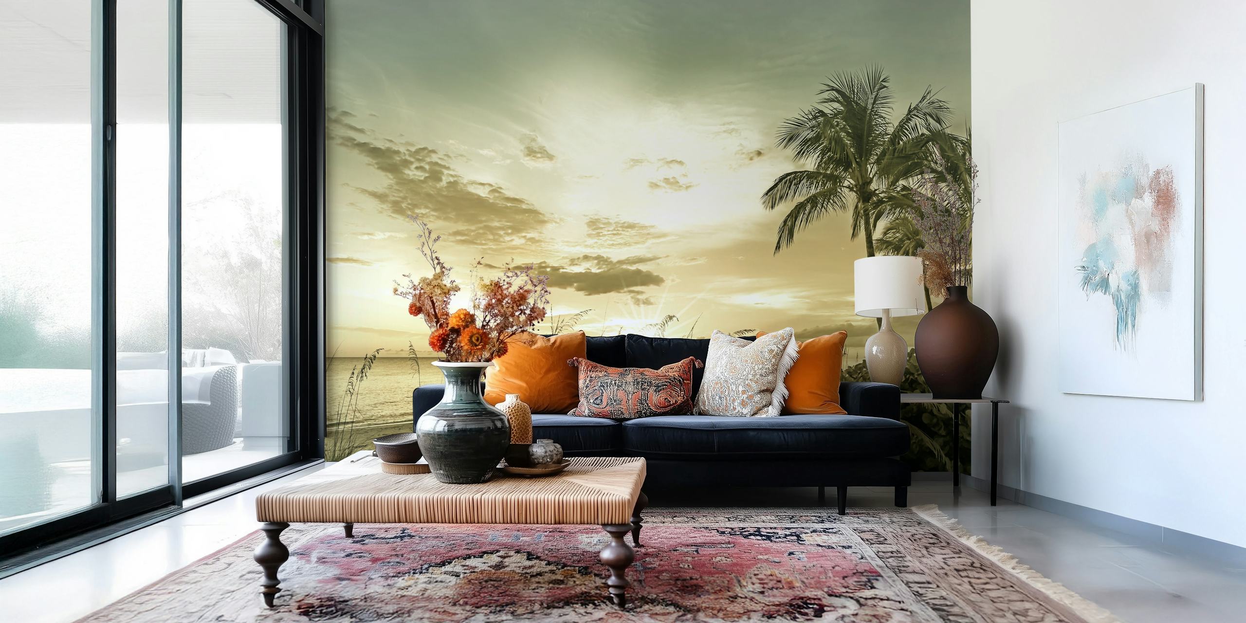 Vintage beach sunset with palm trees and soft clouds wallpaper